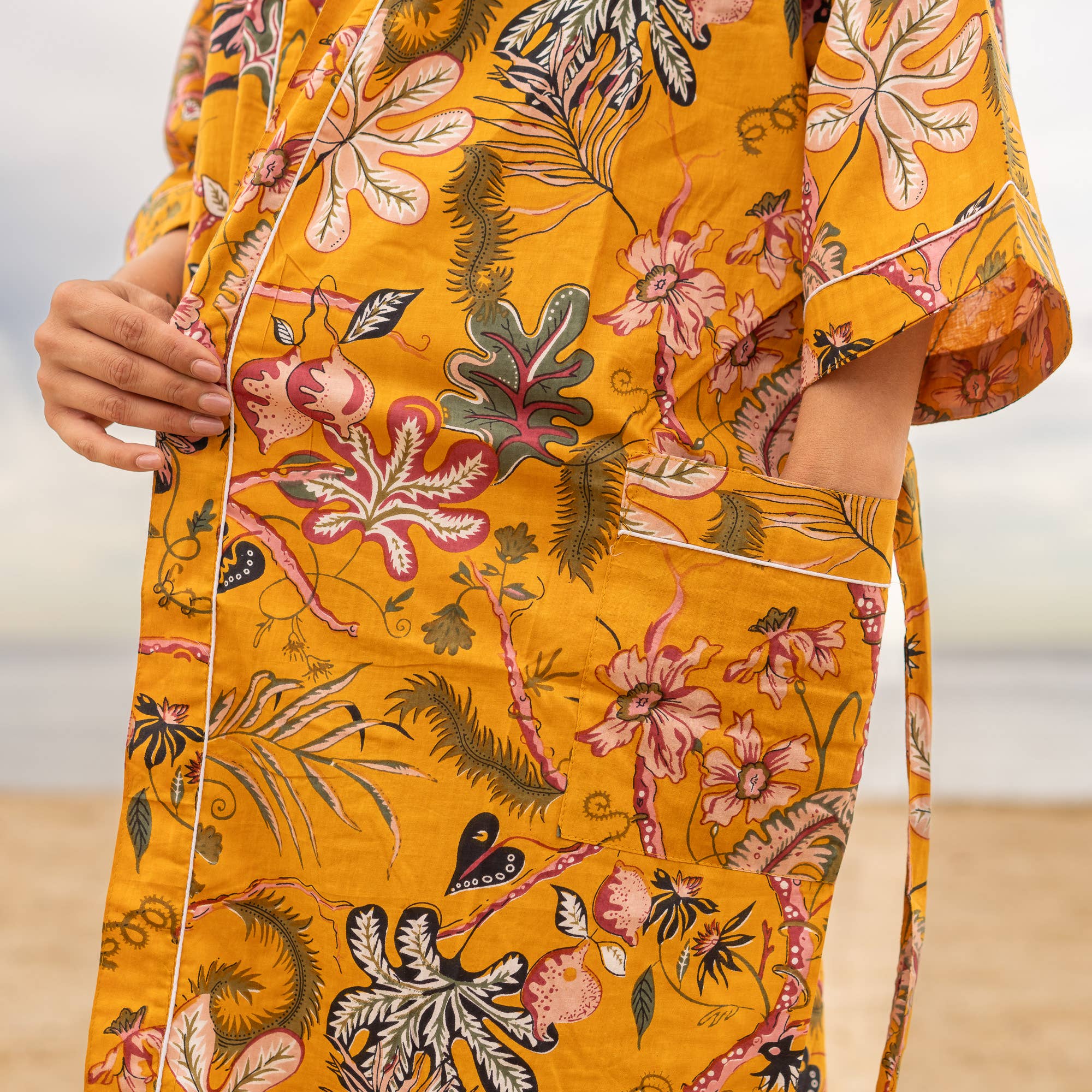 MUSTARD PARADISE' Women's Cotton Kimono Robe