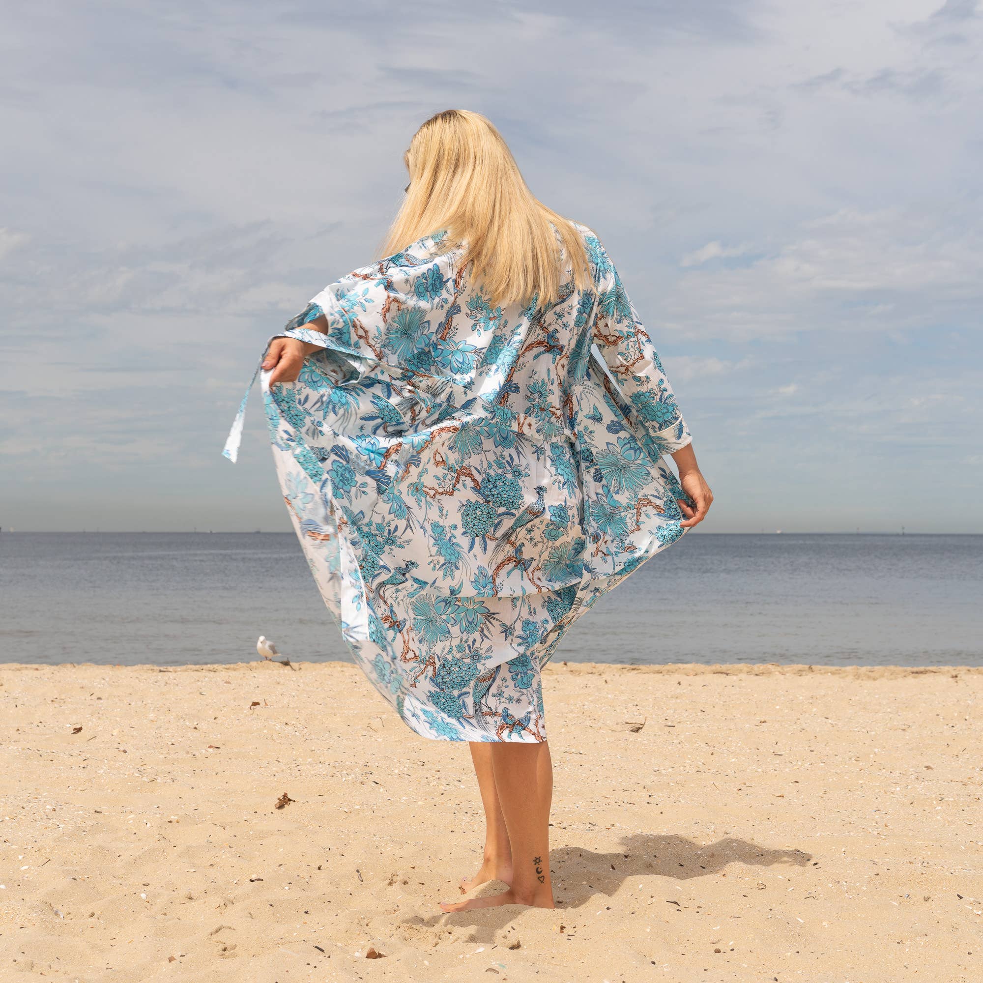 BLUE PEACOCK' Women's Cotton Kimono Robe