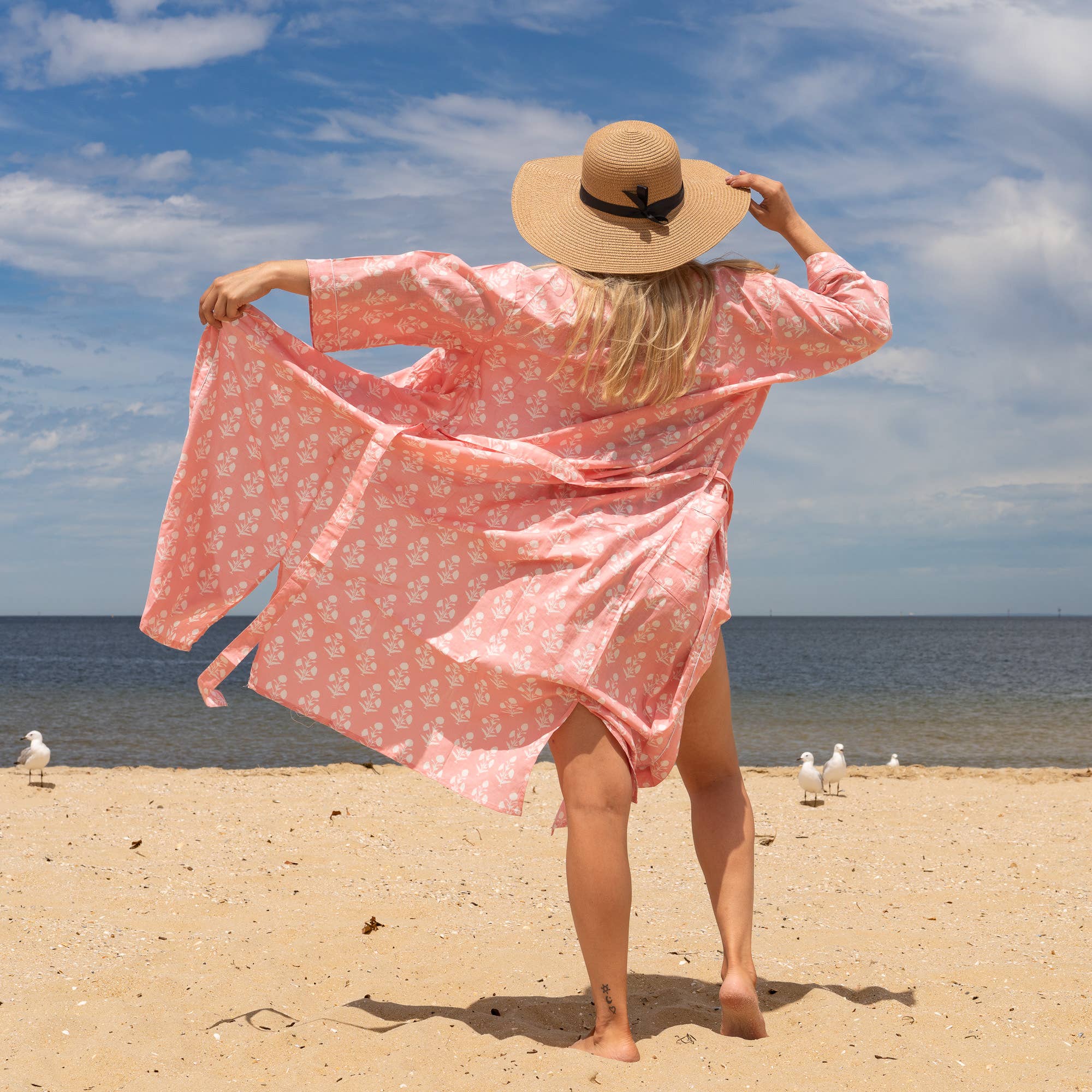 PEACH FLORAL' Women's Cotton Kimono Robe