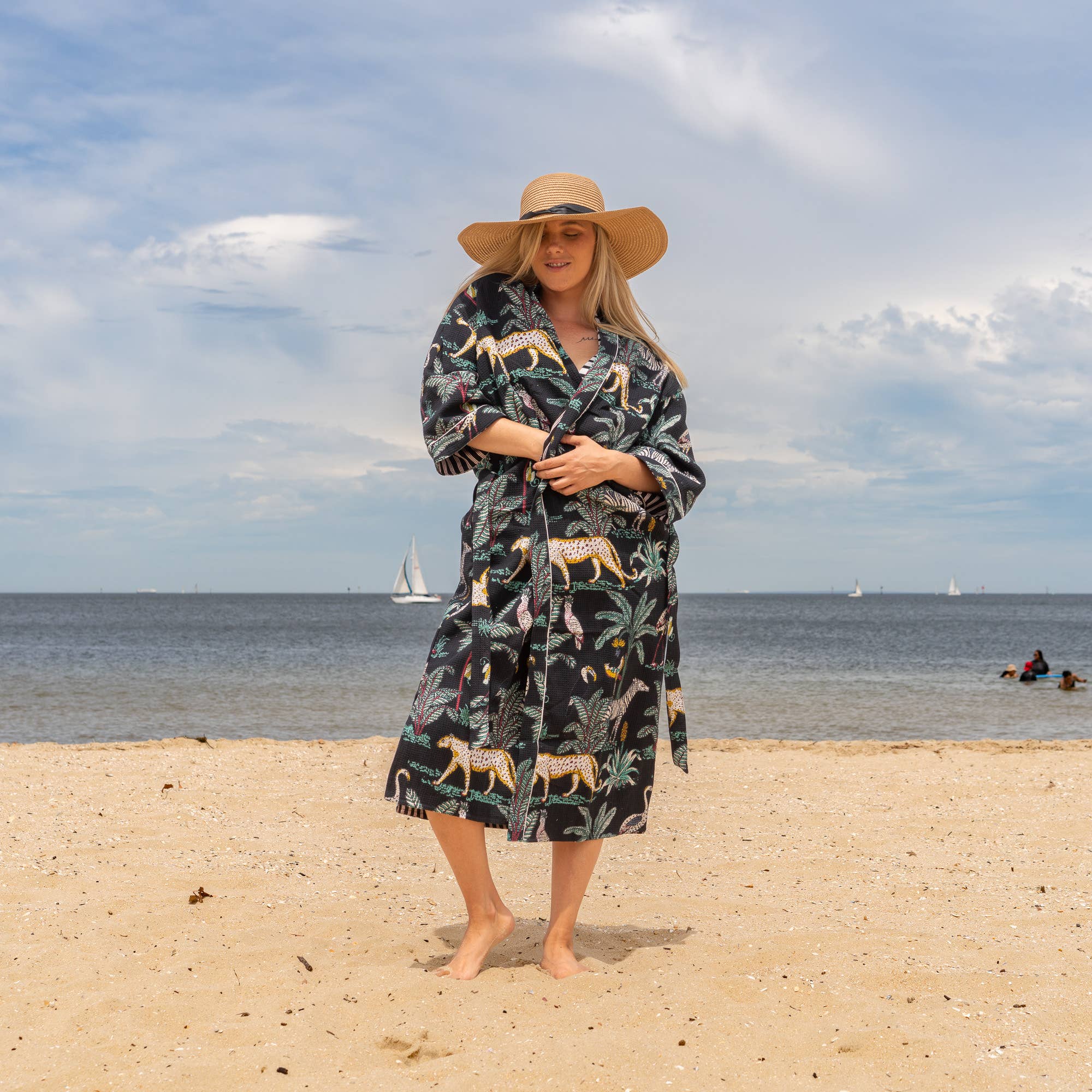 BLACK Safari' Women's Cotton Linen Waffle Kimono Robe