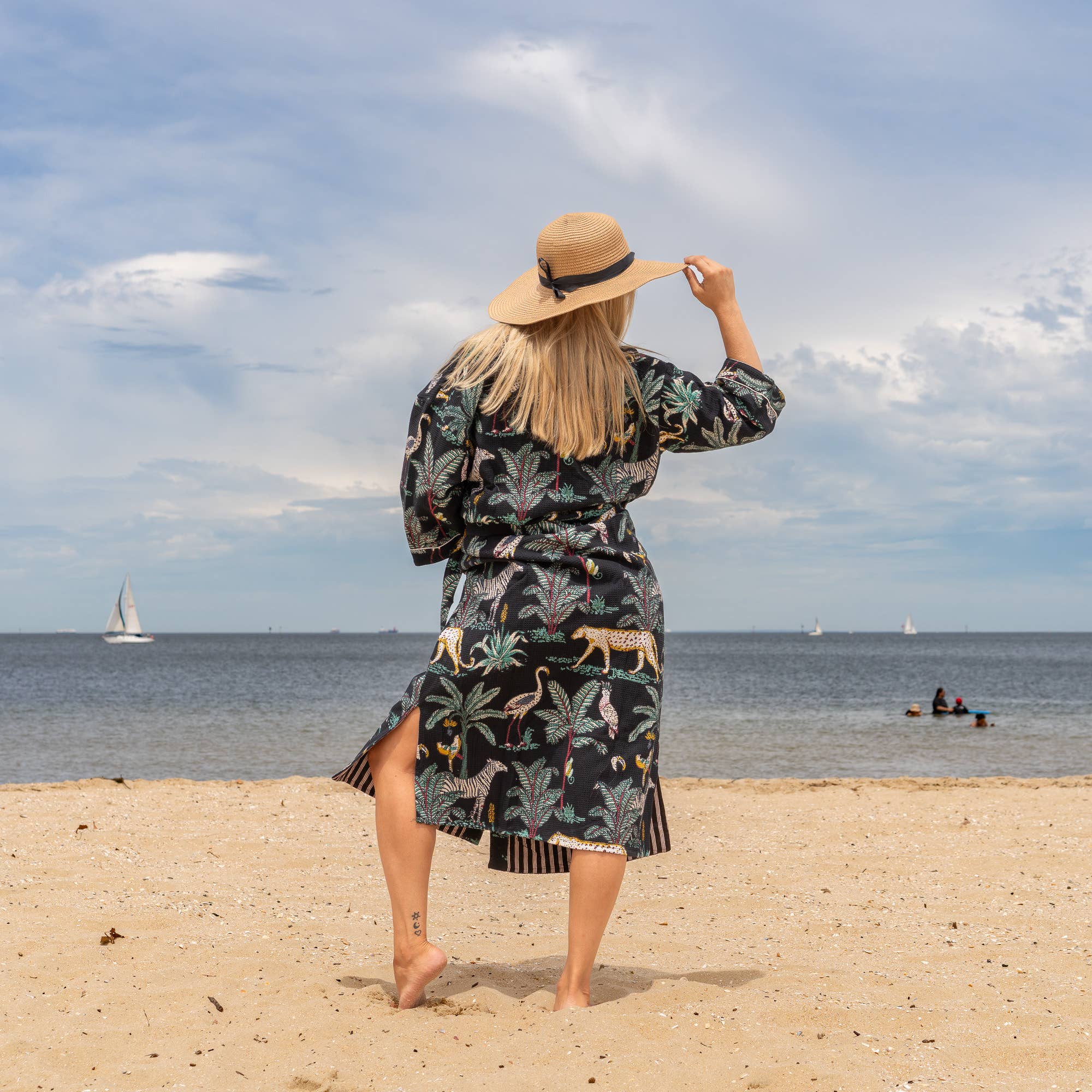 BLACK Safari' Women's Cotton Linen Waffle Kimono Robe