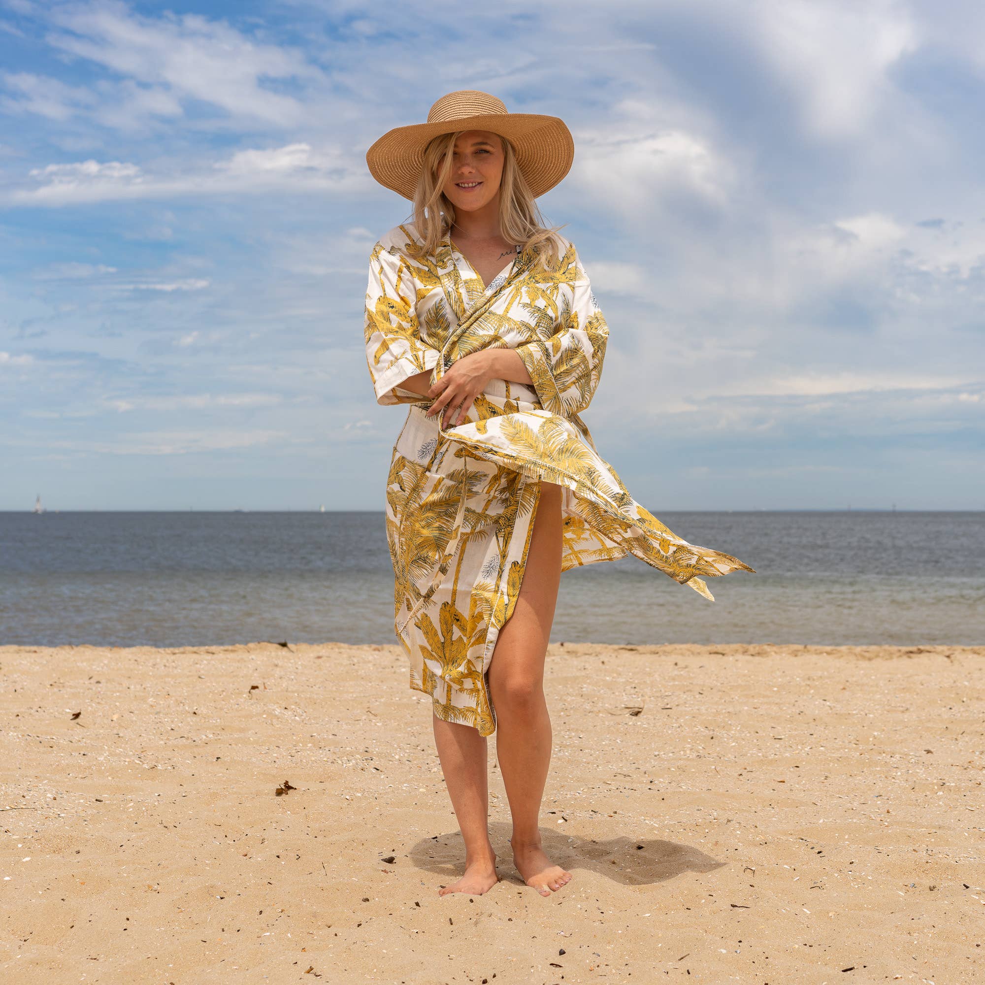 YELLOW PALM' Women's Cotton Kimono Robe