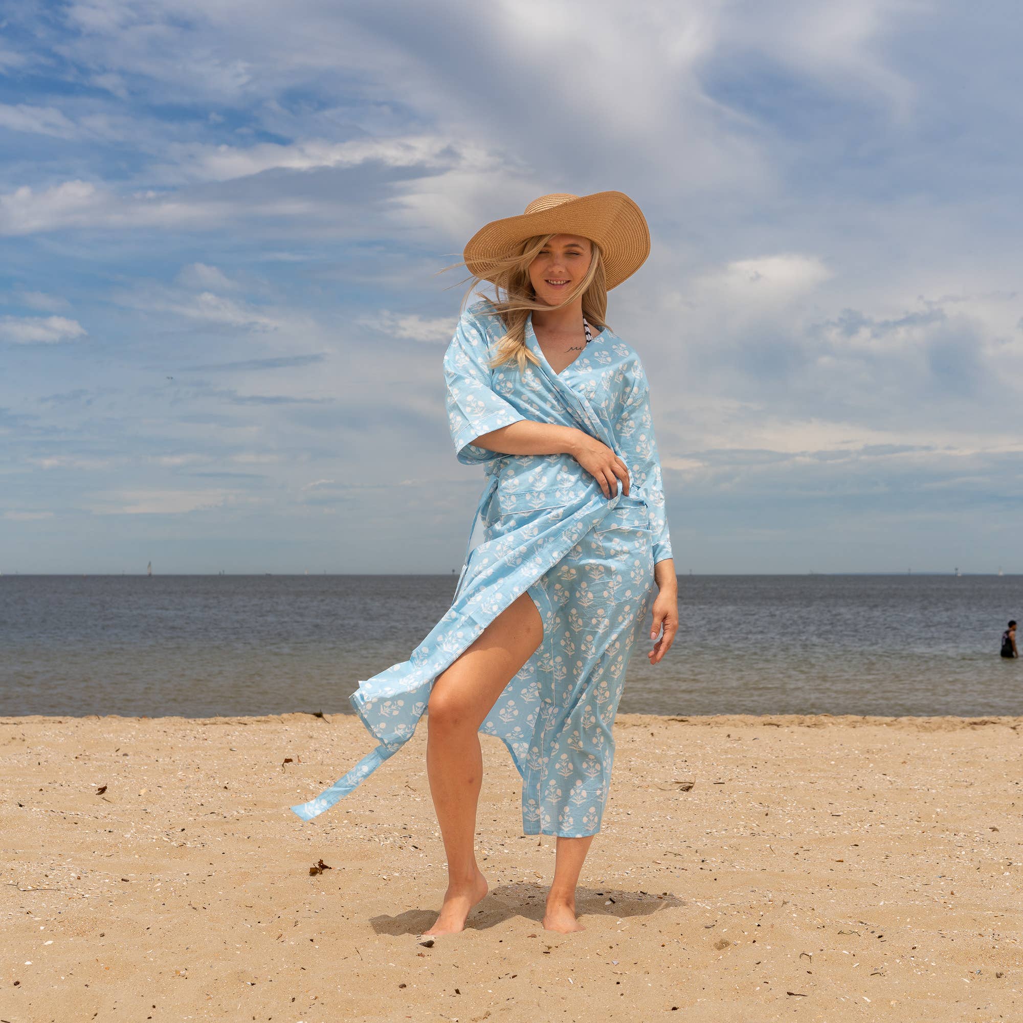 BLUE BLOCK PRINT' Women's Cotton Kimono Robe