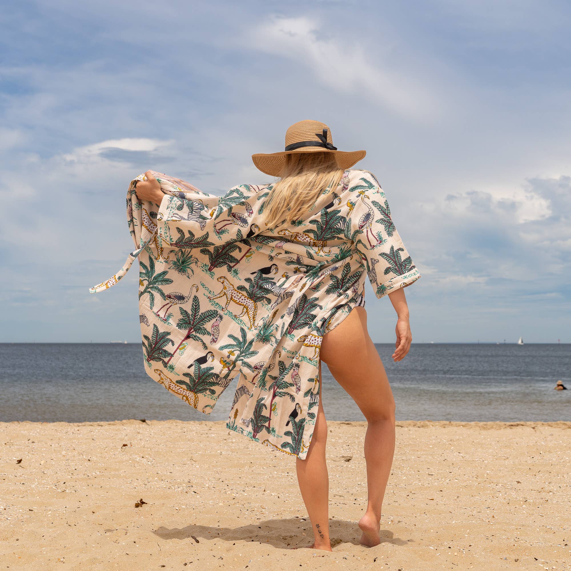 White Safari' Women's Cotton Linen Waffle Kimono Robe