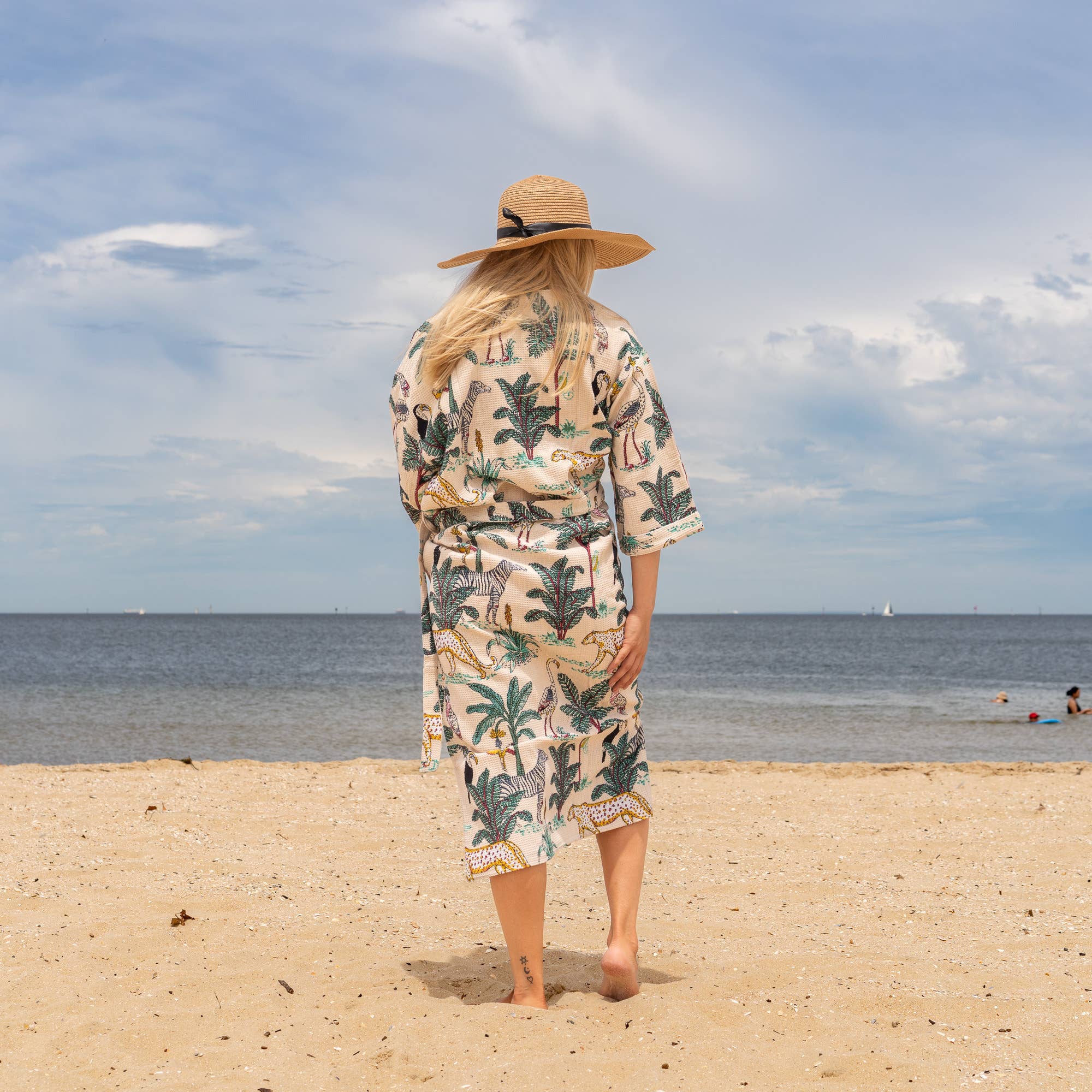 White Safari' Women's Cotton Linen Waffle Kimono Robe