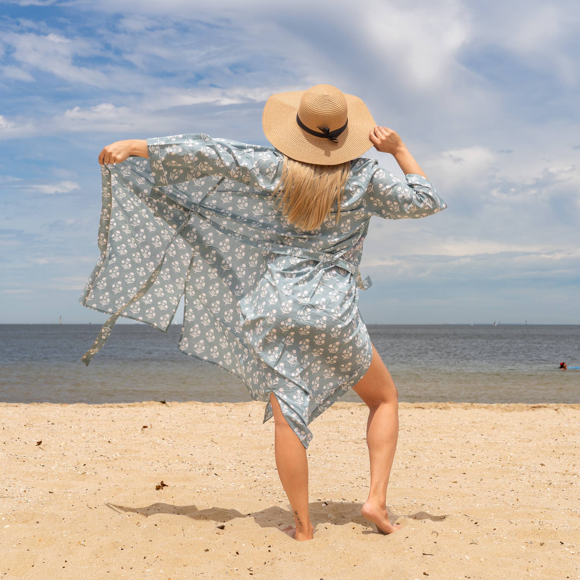 GREY BLOCK PRINT' Women's Cotton Kimono Robe