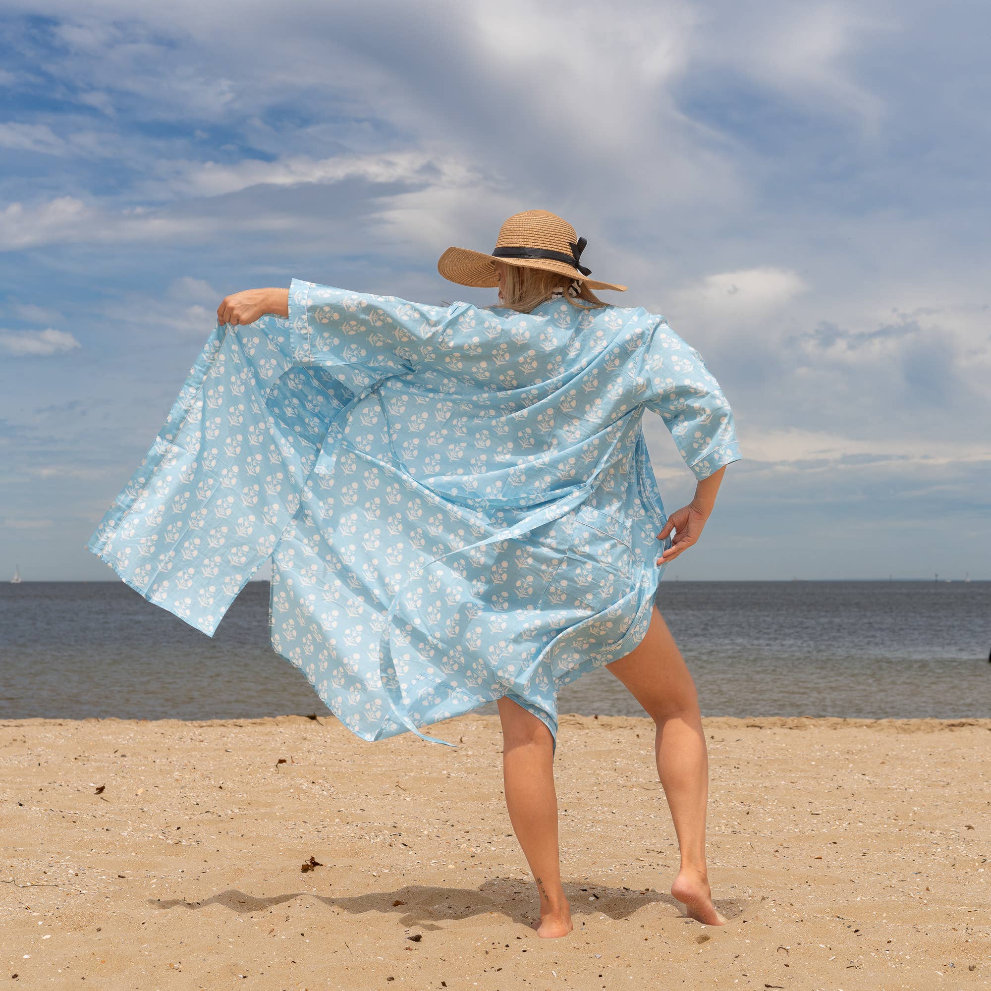 BLUE BLOCK PRINT' Women's Cotton Kimono Robe