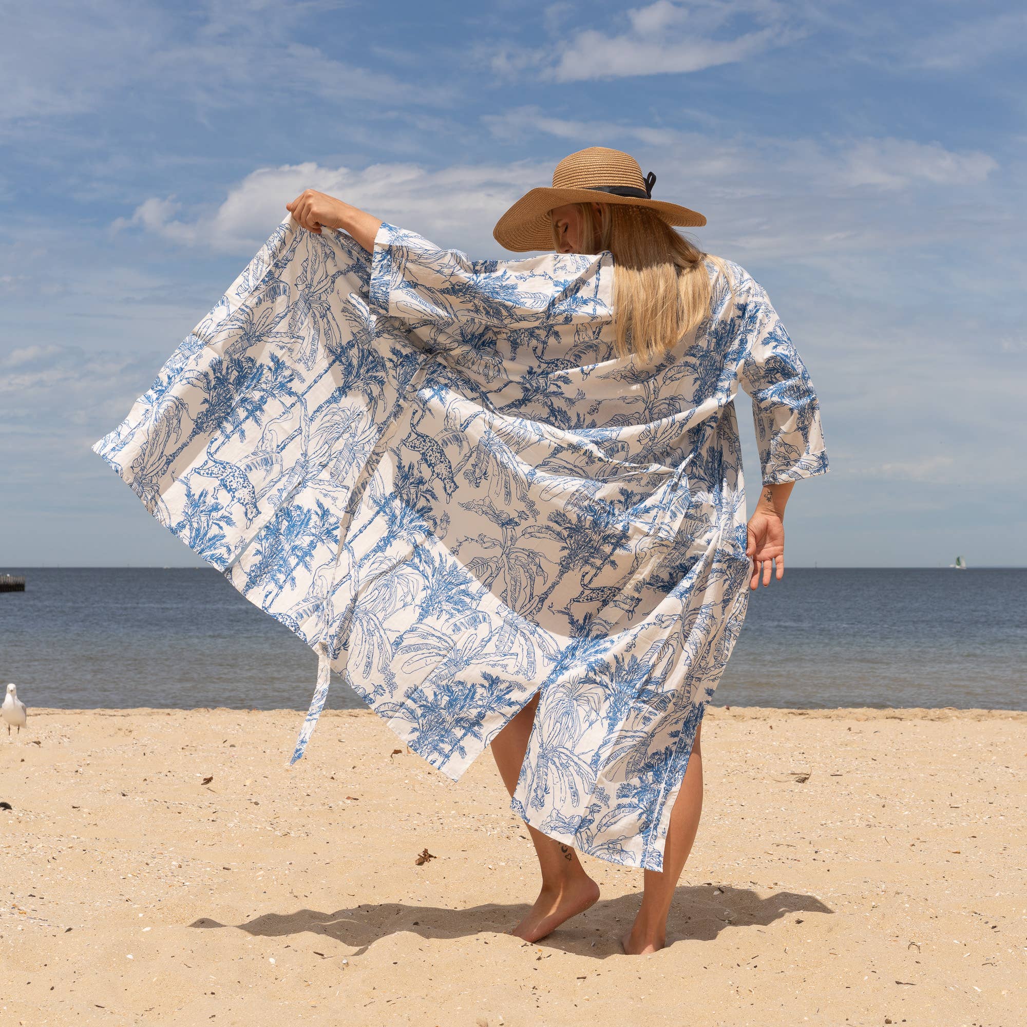 TROPICAL BLUES' Women's Cotton Kimono Robe