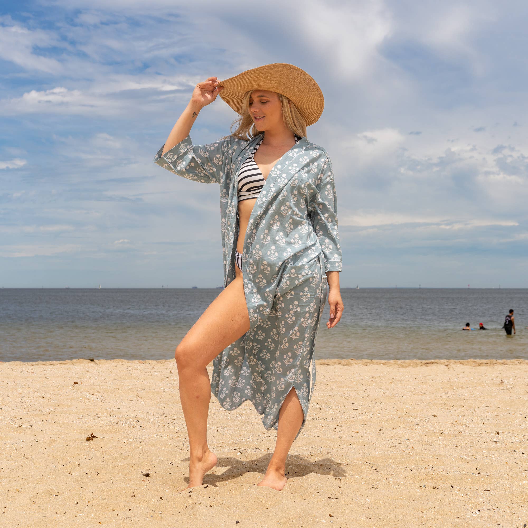 GREY BLOCK PRINT' Women's Cotton Kimono Robe