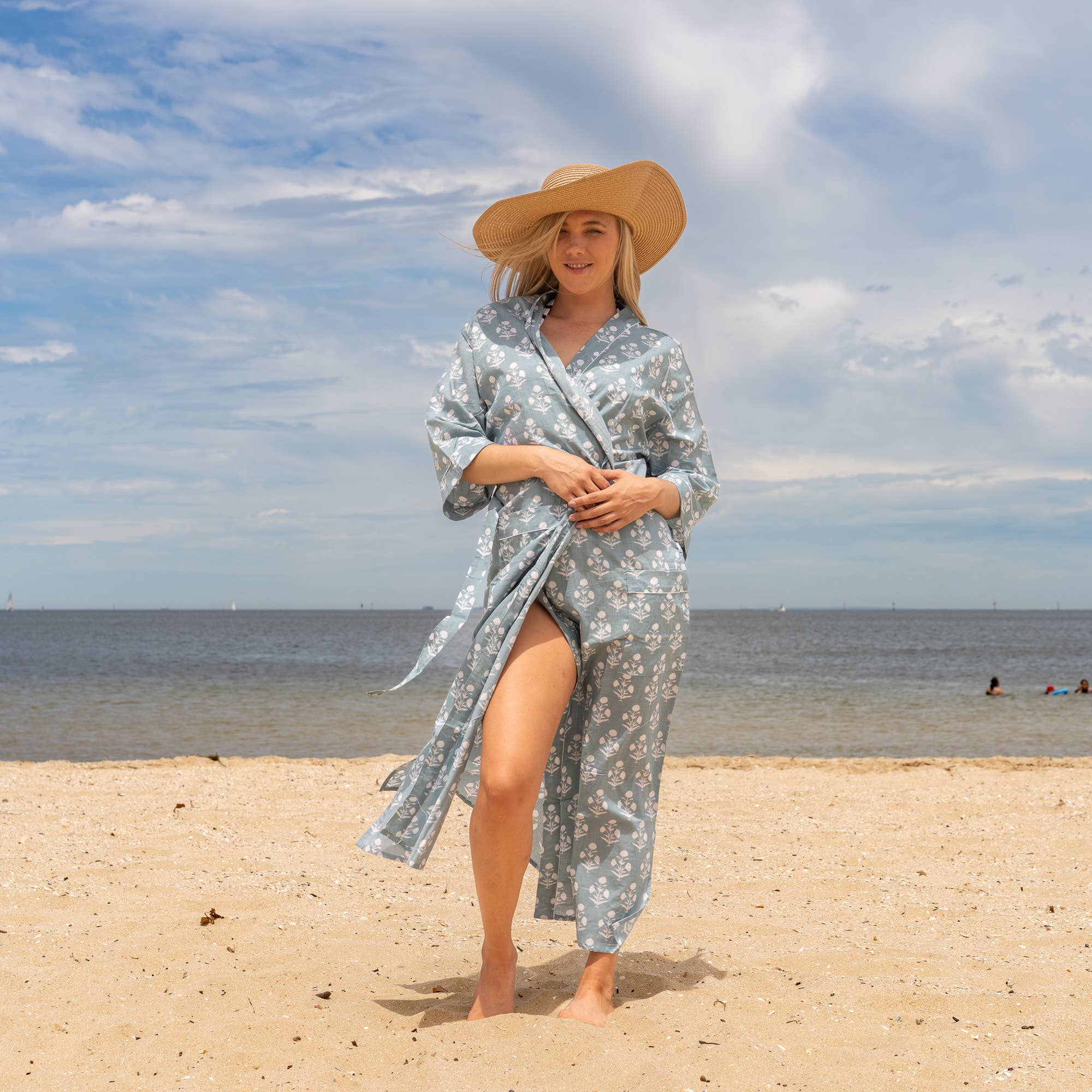 GREY BLOCK PRINT' Women's Cotton Kimono Robe