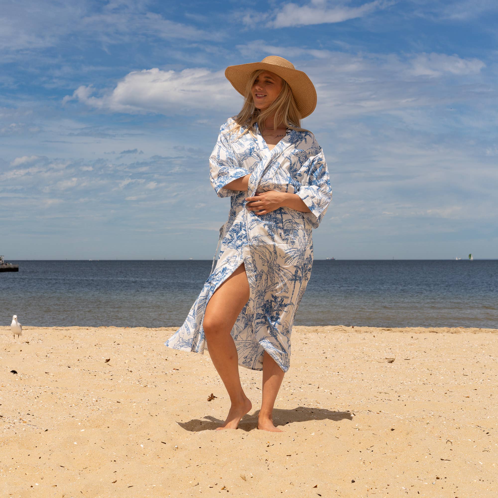 TROPICAL BLUES' Women's Cotton Kimono Robe