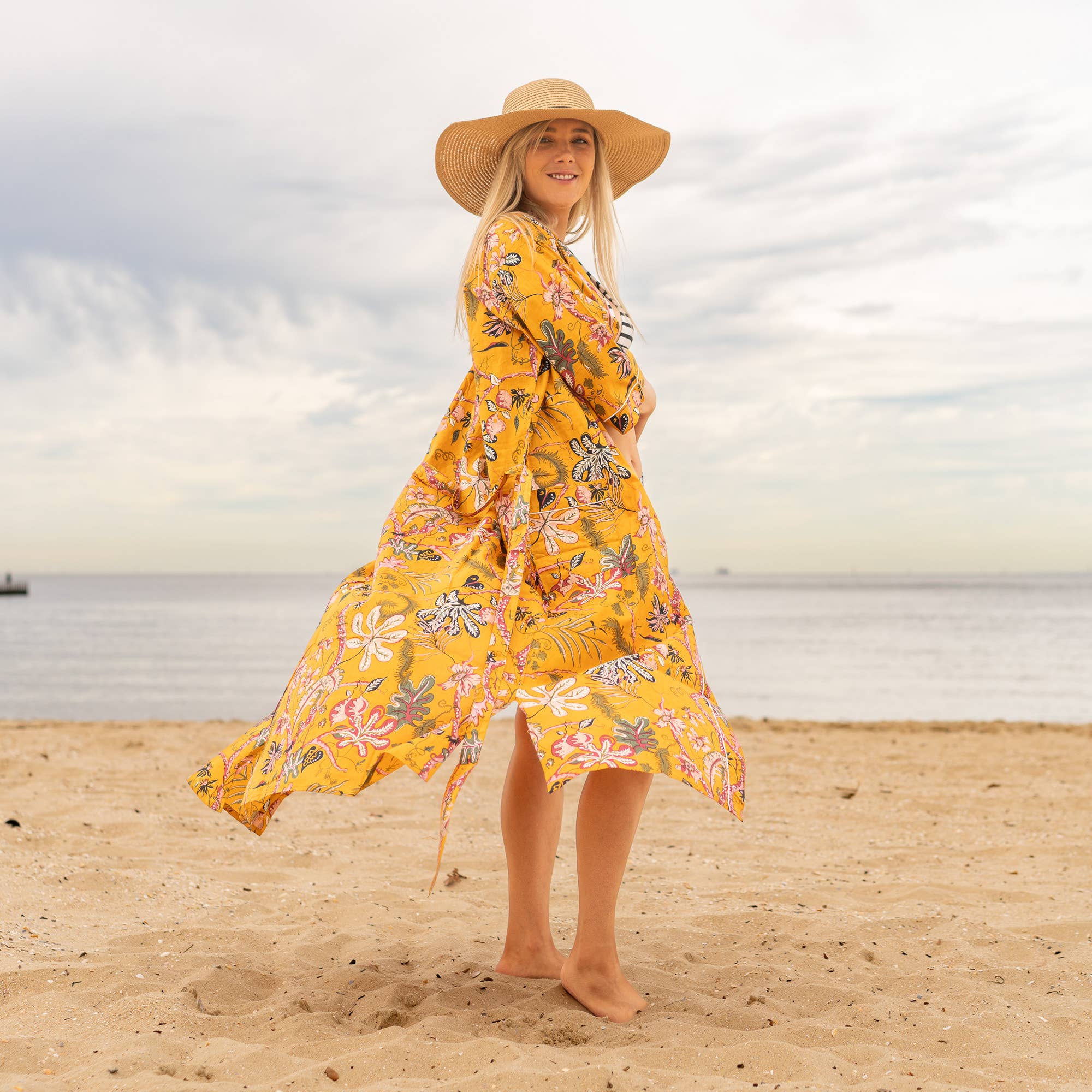 MUSTARD PARADISE' Women's Cotton Kimono Robe