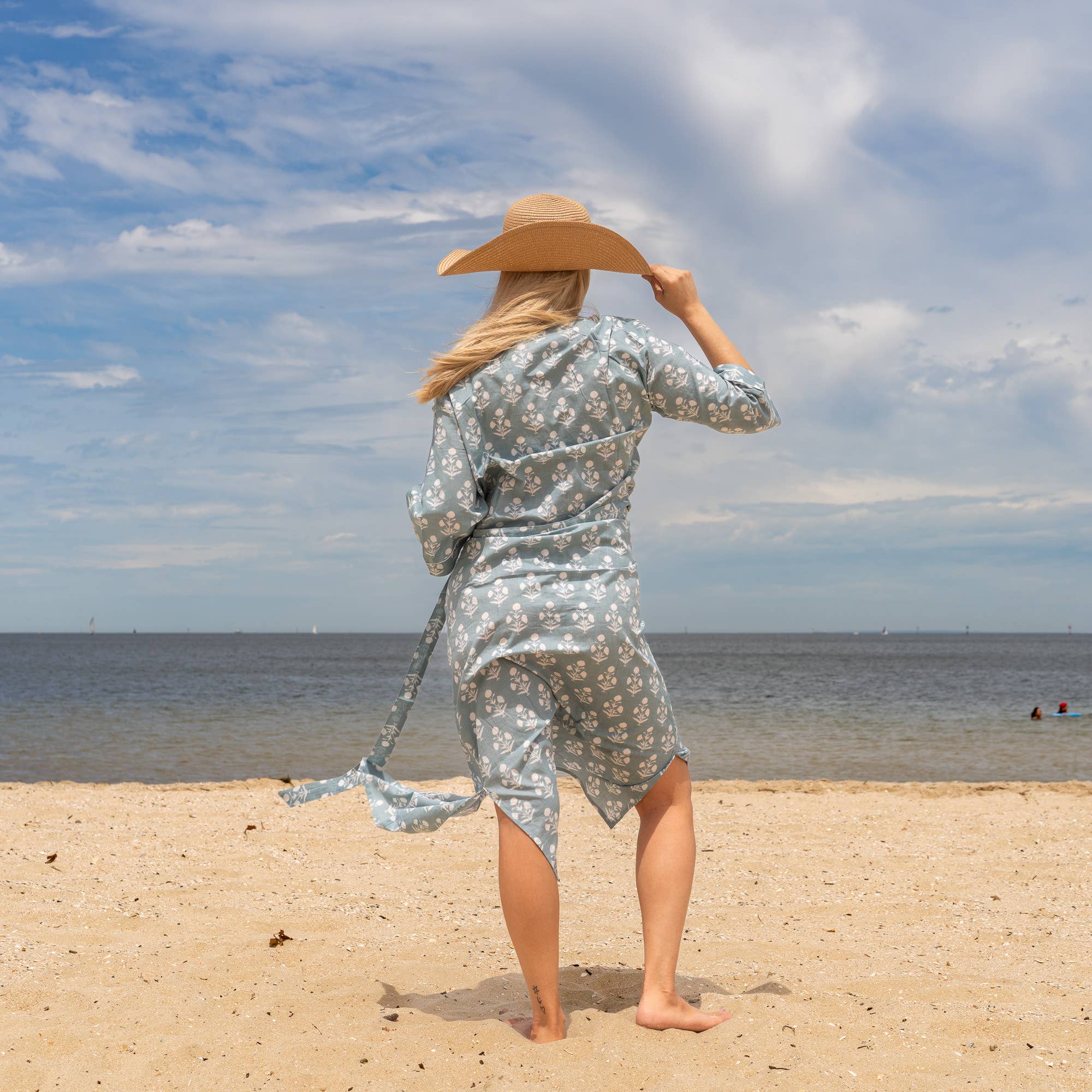 GREY BLOCK PRINT' Women's Cotton Kimono Robe