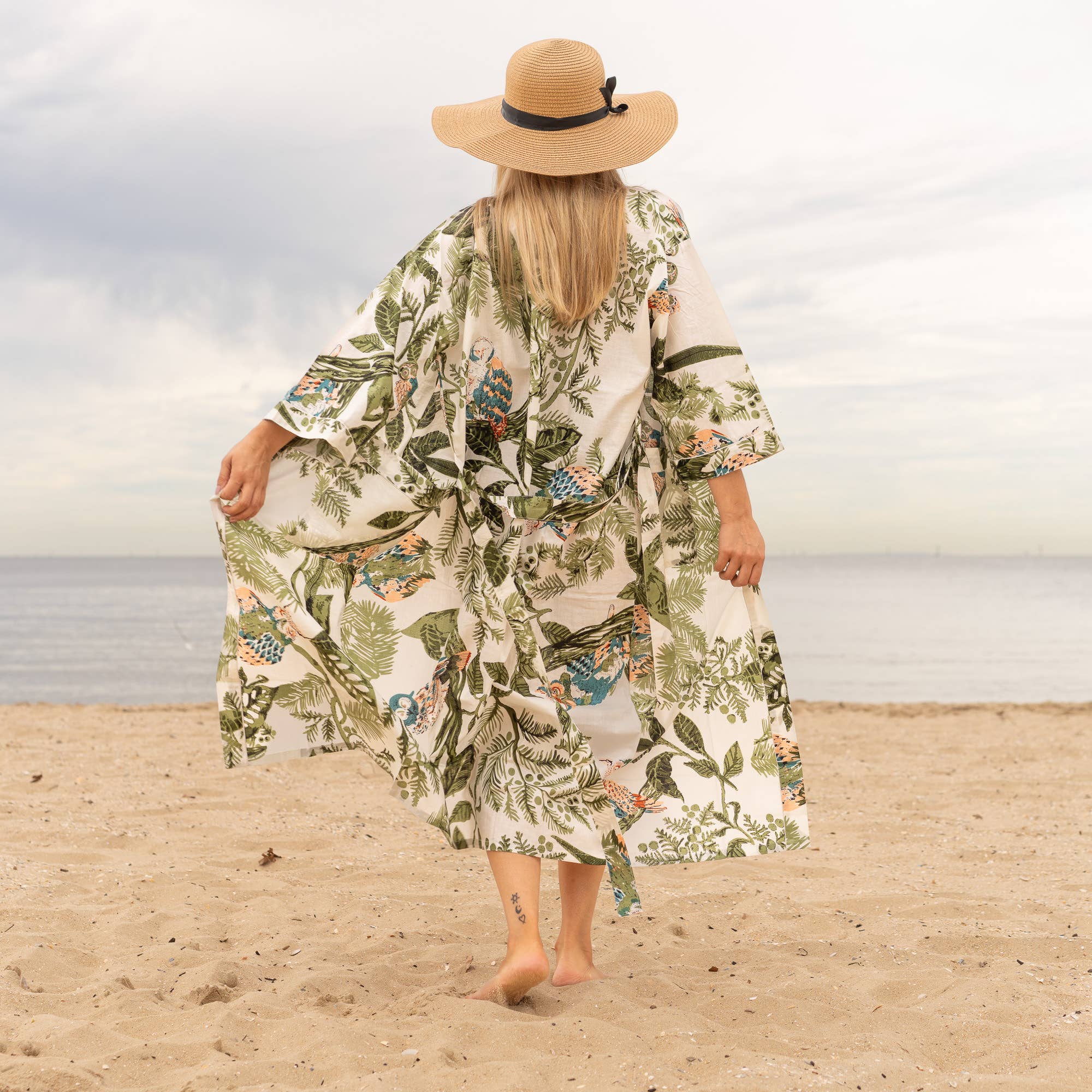 GREEN OWL' Women's Cotton Kimono Robe