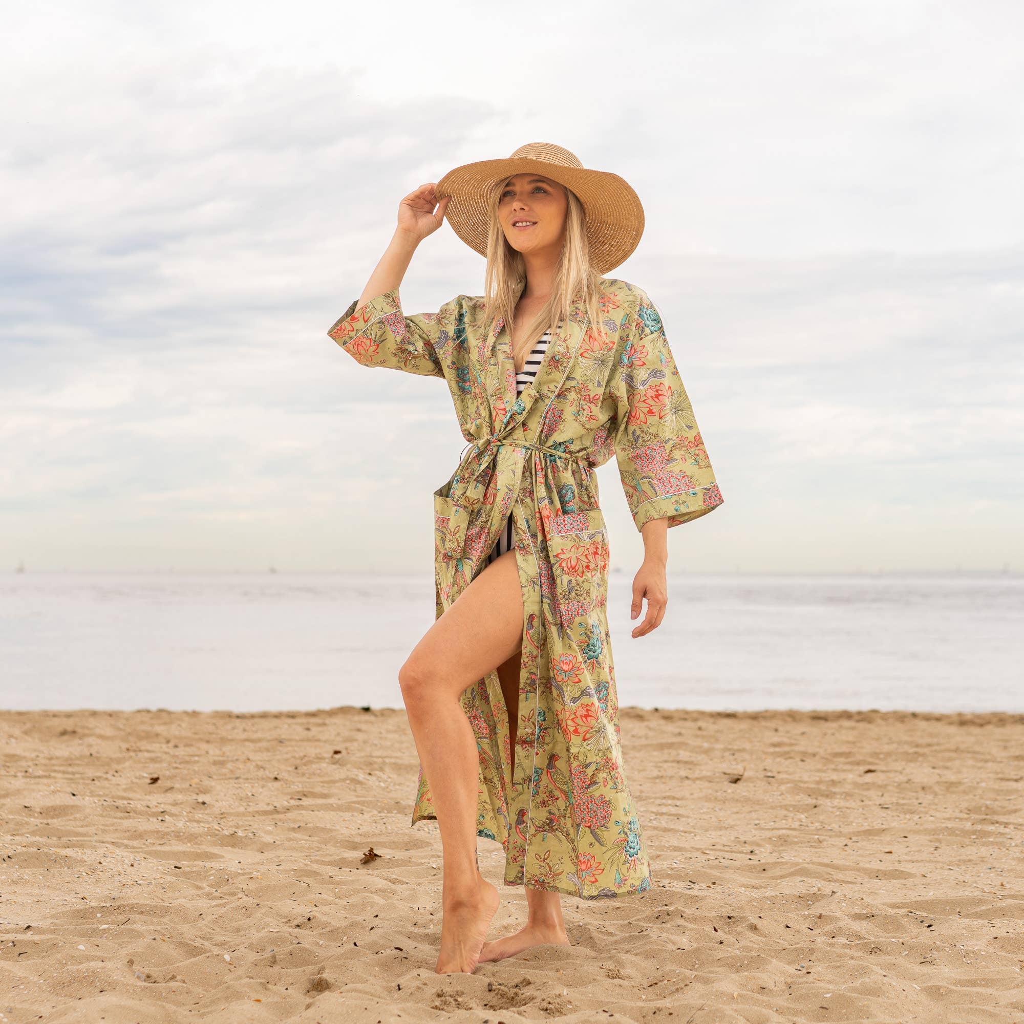 GREEN PEACOCK' Women's Cotton Kimono Robe