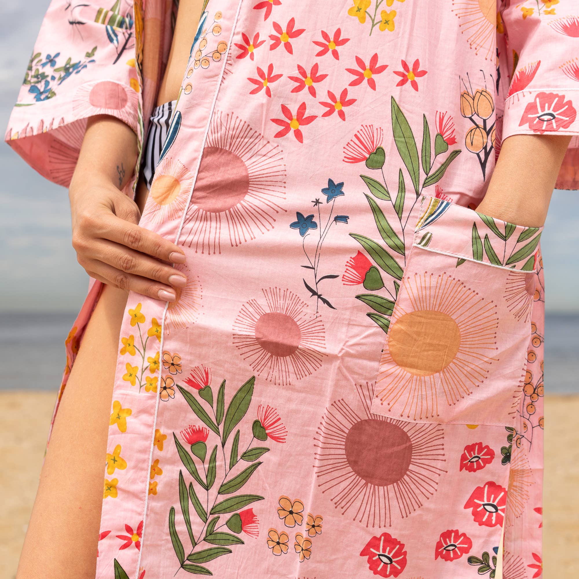 FLORAL BLOCK PRINT' Women's Cotton Kimono Robe