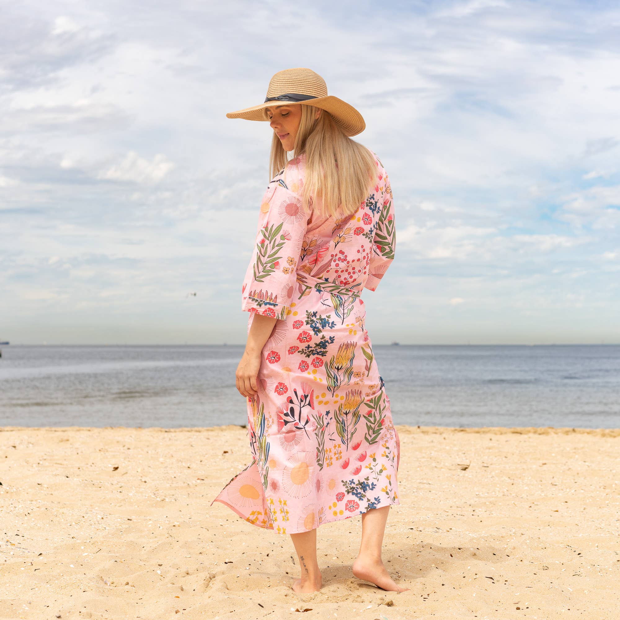 FLORAL BLOCK PRINT' Women's Cotton Kimono Robe