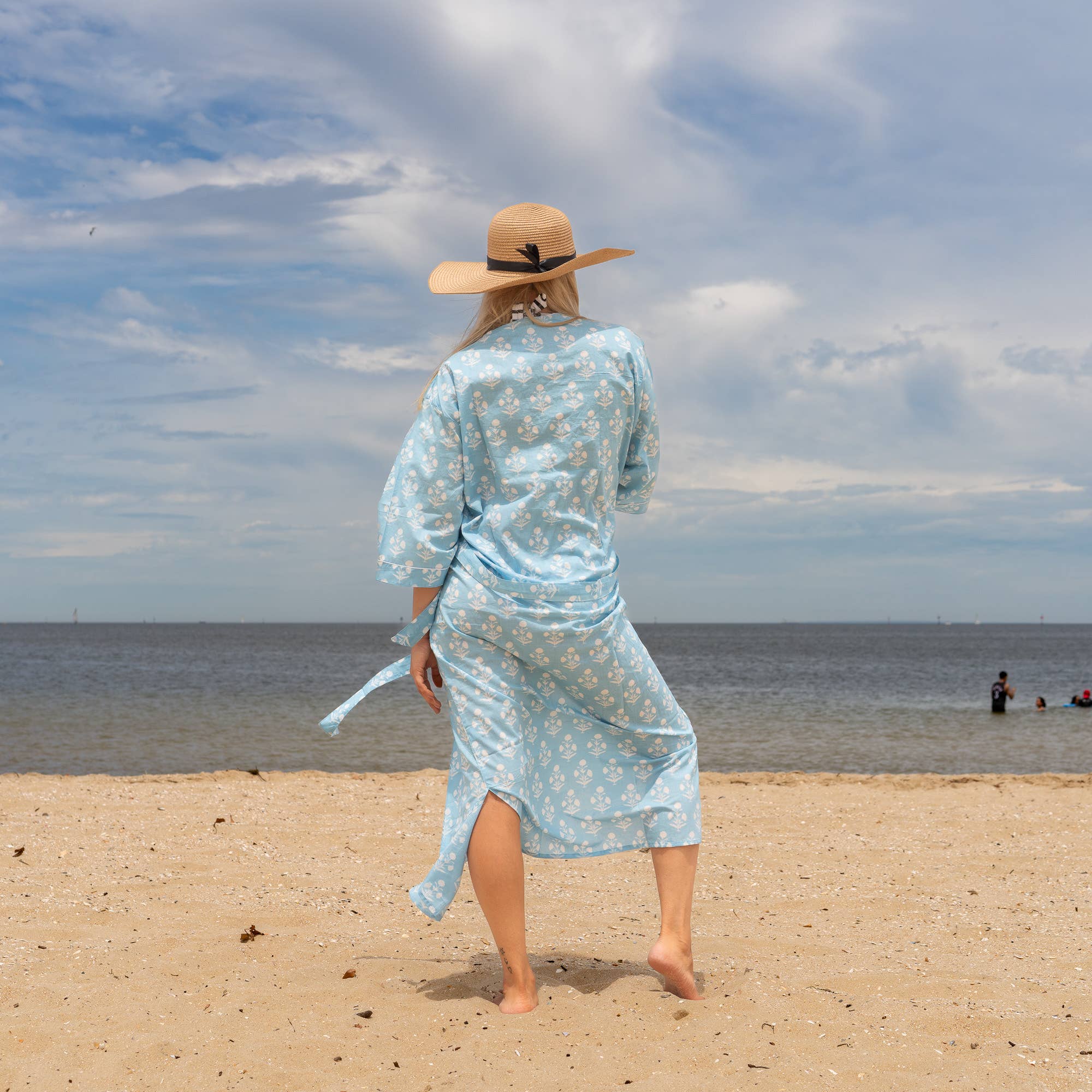 BLUE BLOCK PRINT' Women's Cotton Kimono Robe