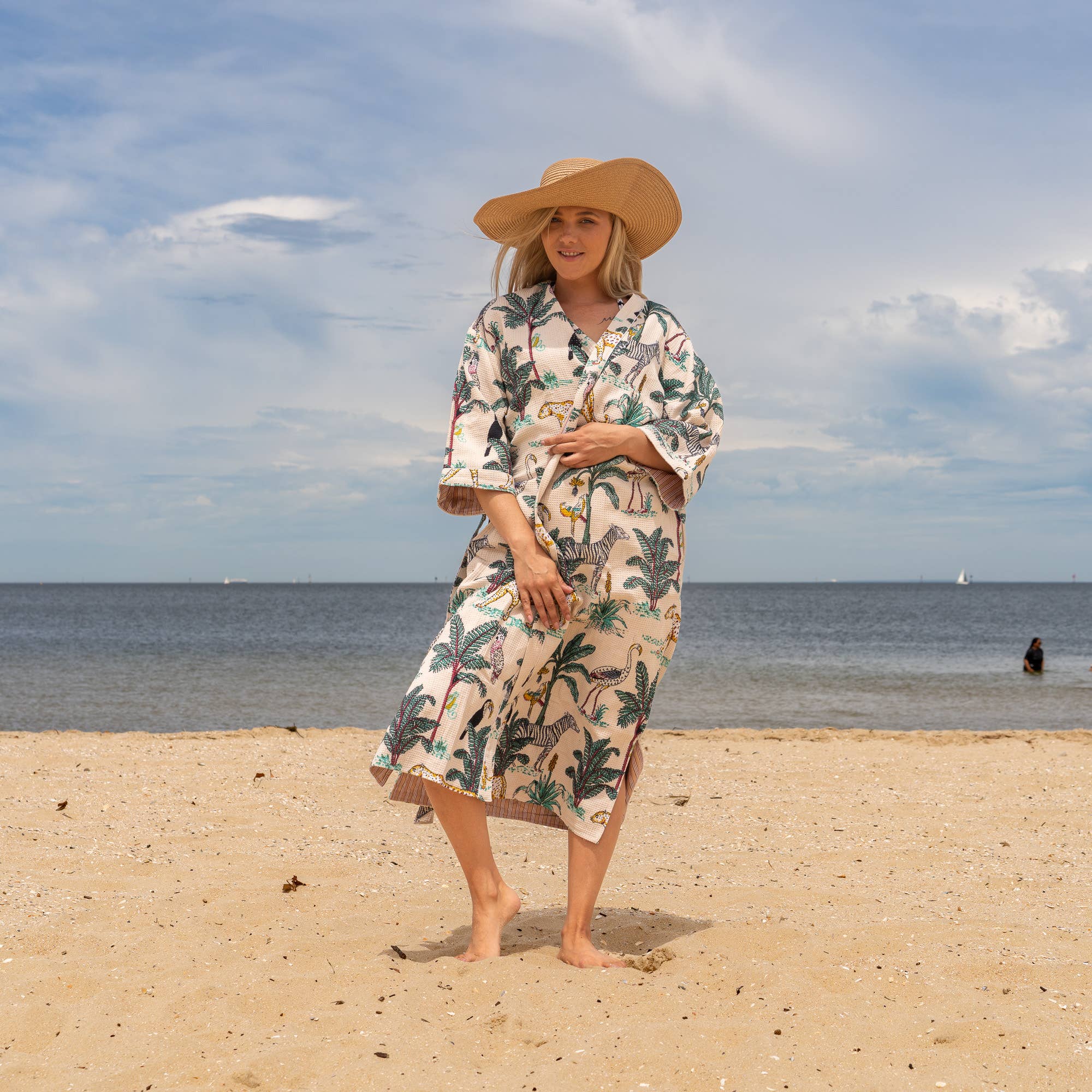 White Safari' Women's Cotton Linen Waffle Kimono Robe