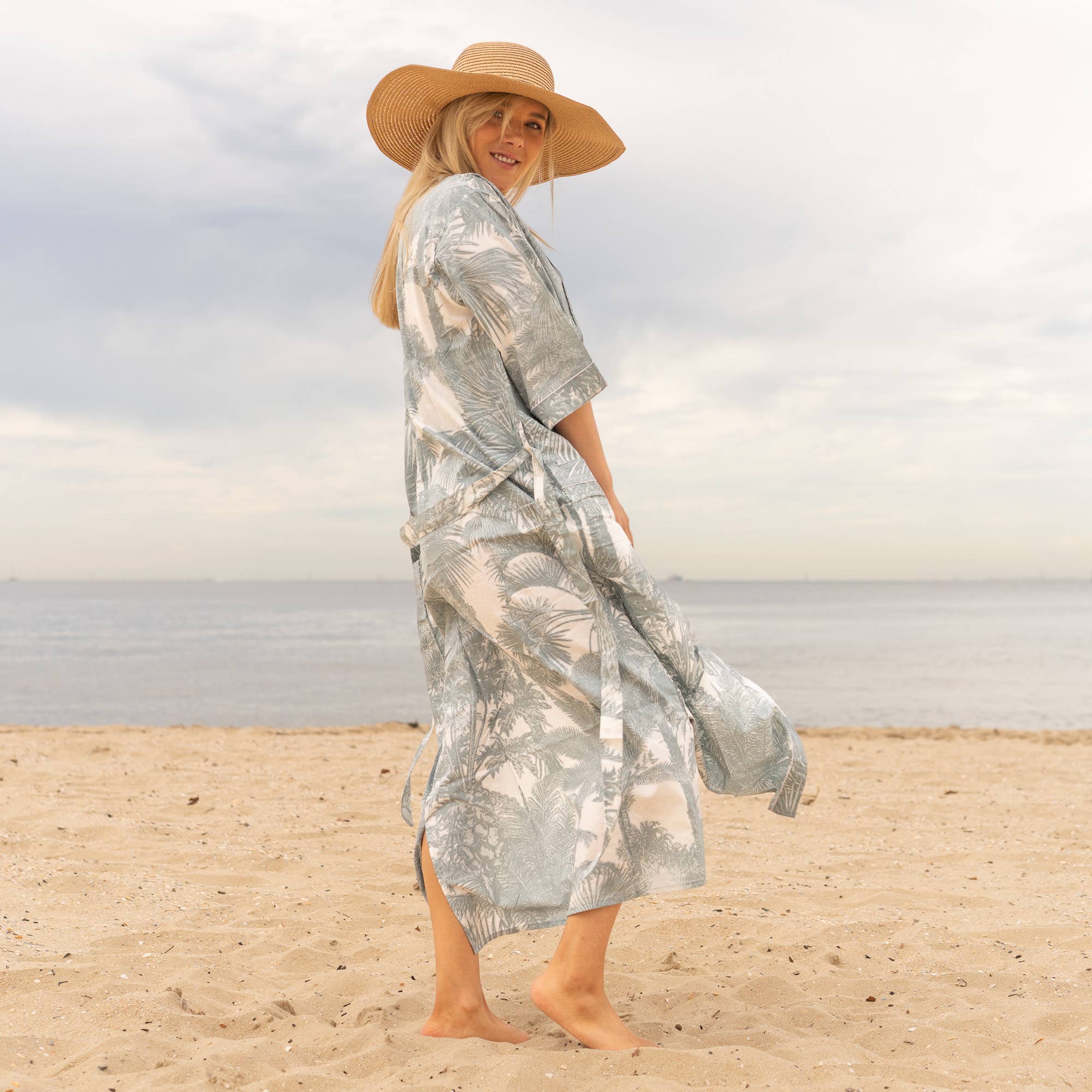 GREY PALM' Women's Cotton Kimono Robe