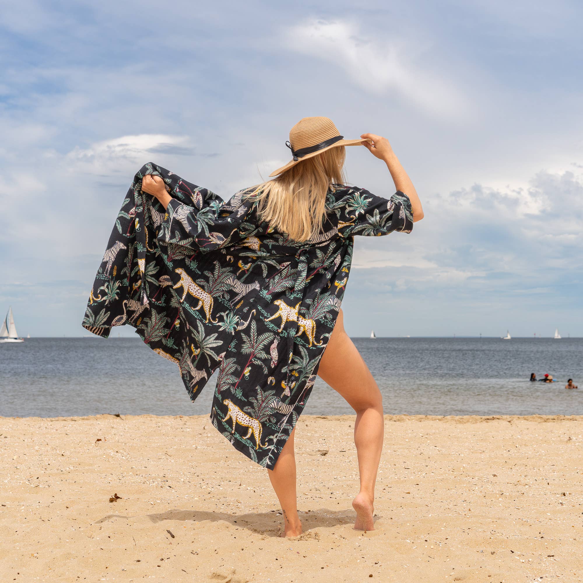 BLACK Safari' Women's Cotton Linen Waffle Kimono Robe