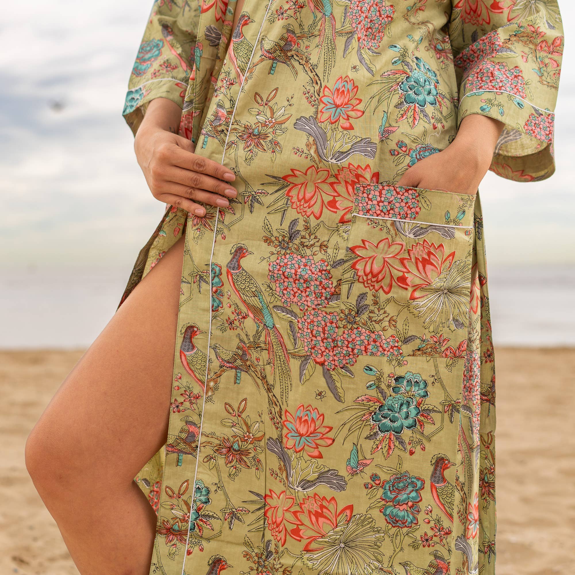 GREEN PEACOCK' Women's Cotton Kimono Robe