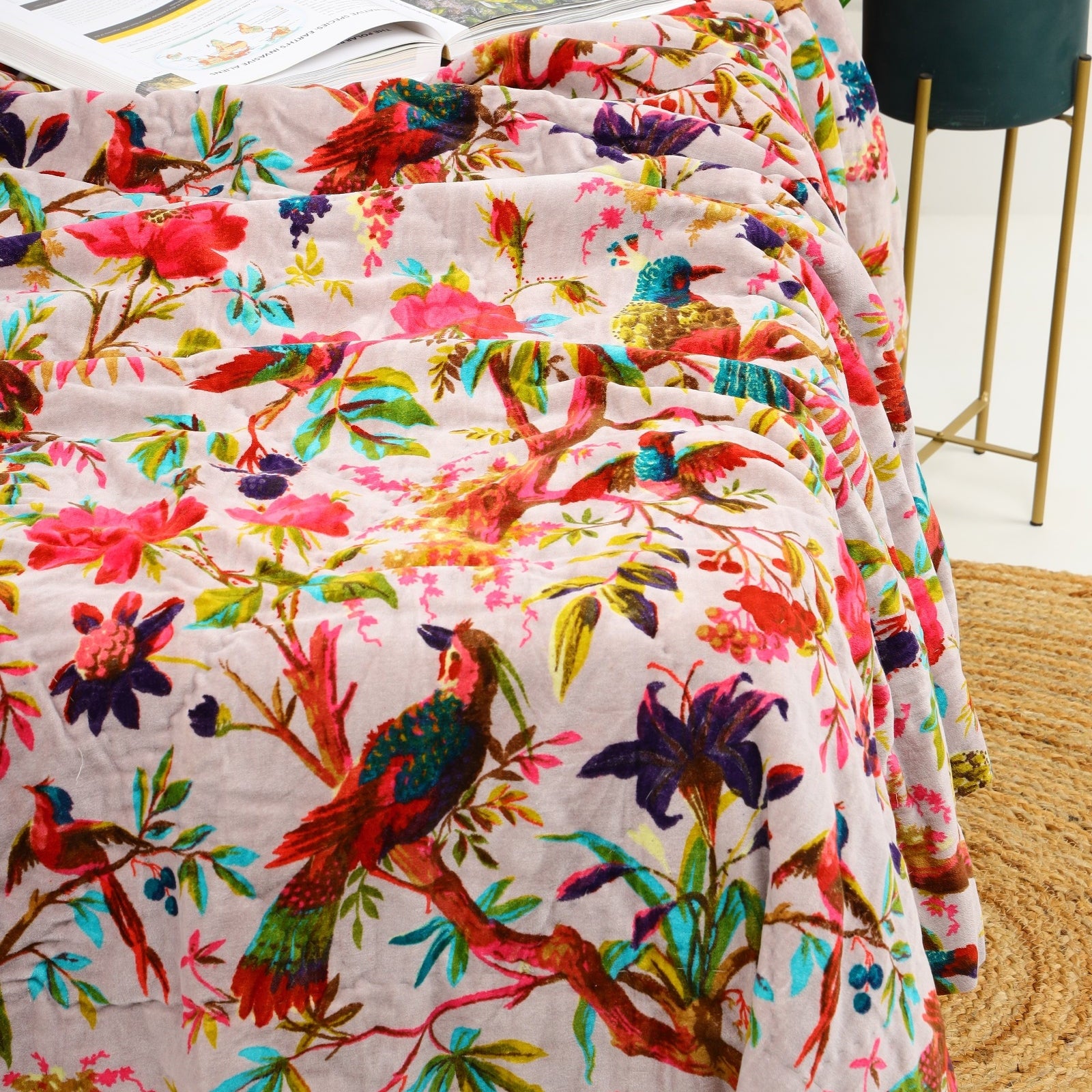 Velvet Floral Kantha Quilt - Bird Paradise Pink