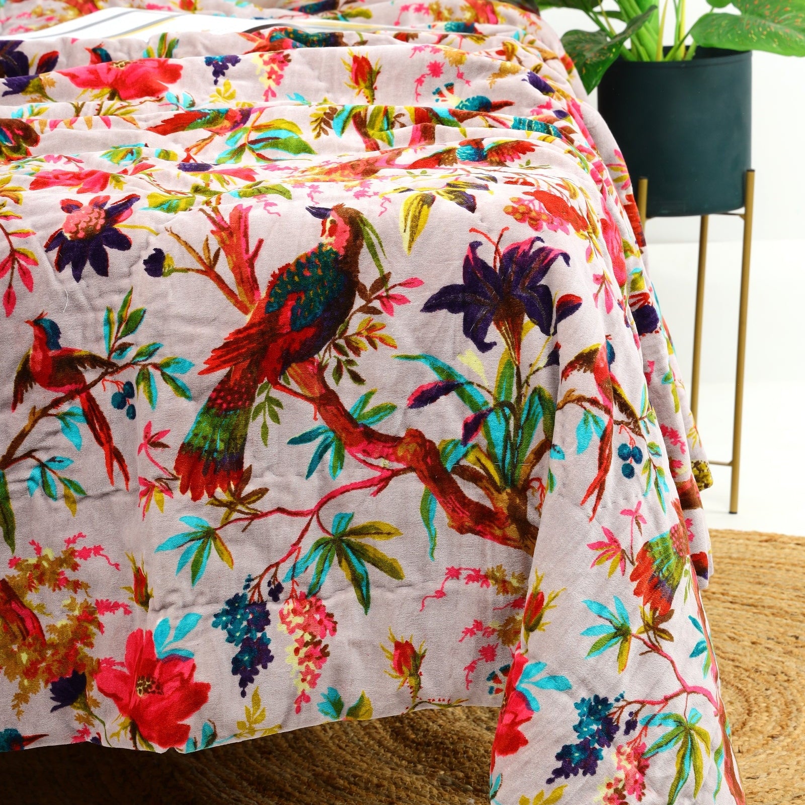 Velvet Floral Kantha Quilt - Bird Paradise Pink