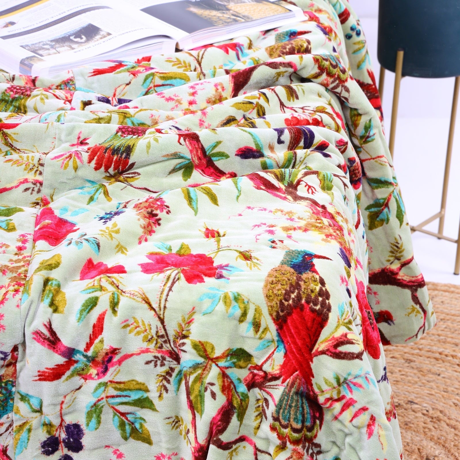 Velvet Floral Kantha Quilt - Green Cannary