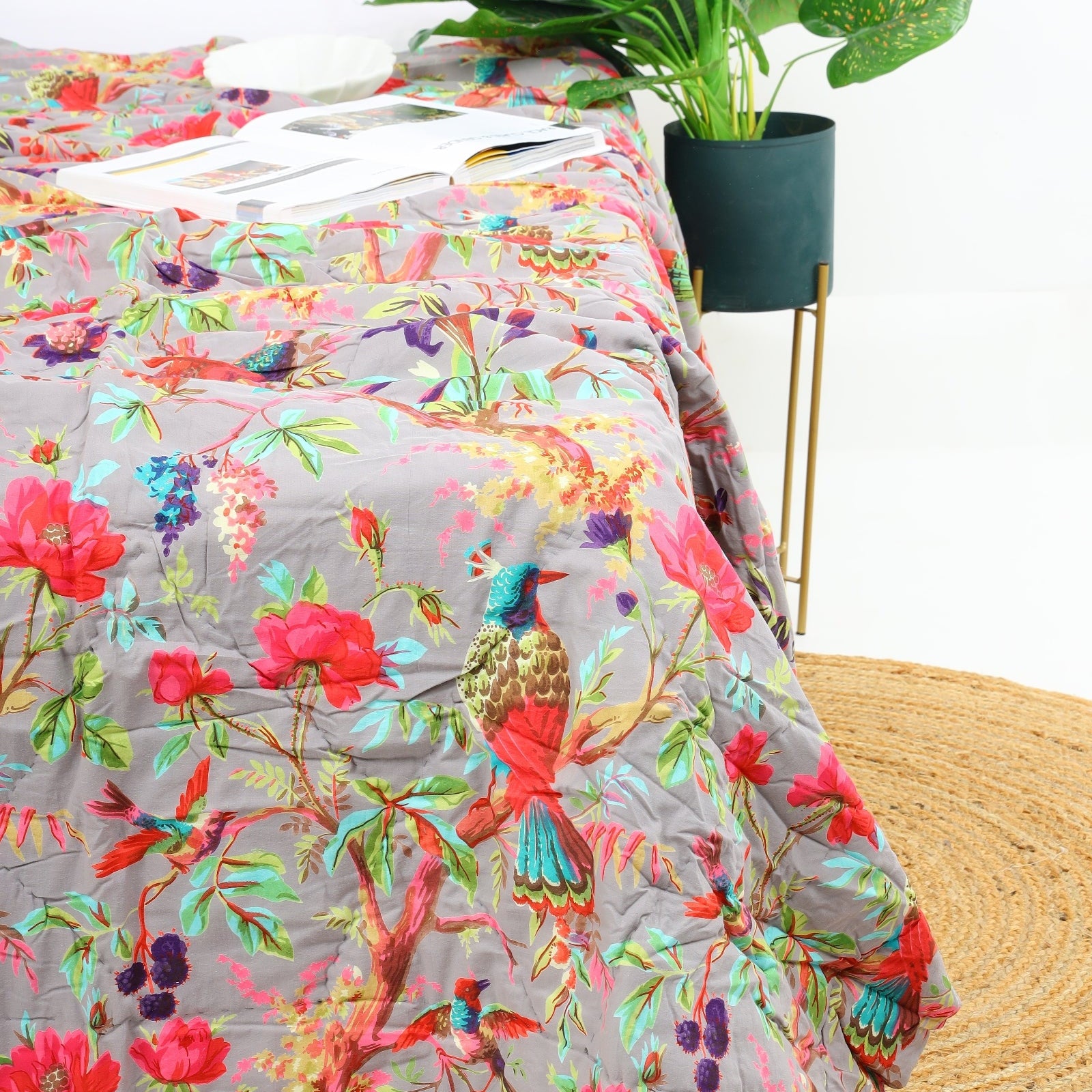 Velvet Floral Kantha Quilt - Serendipity Grey Bird