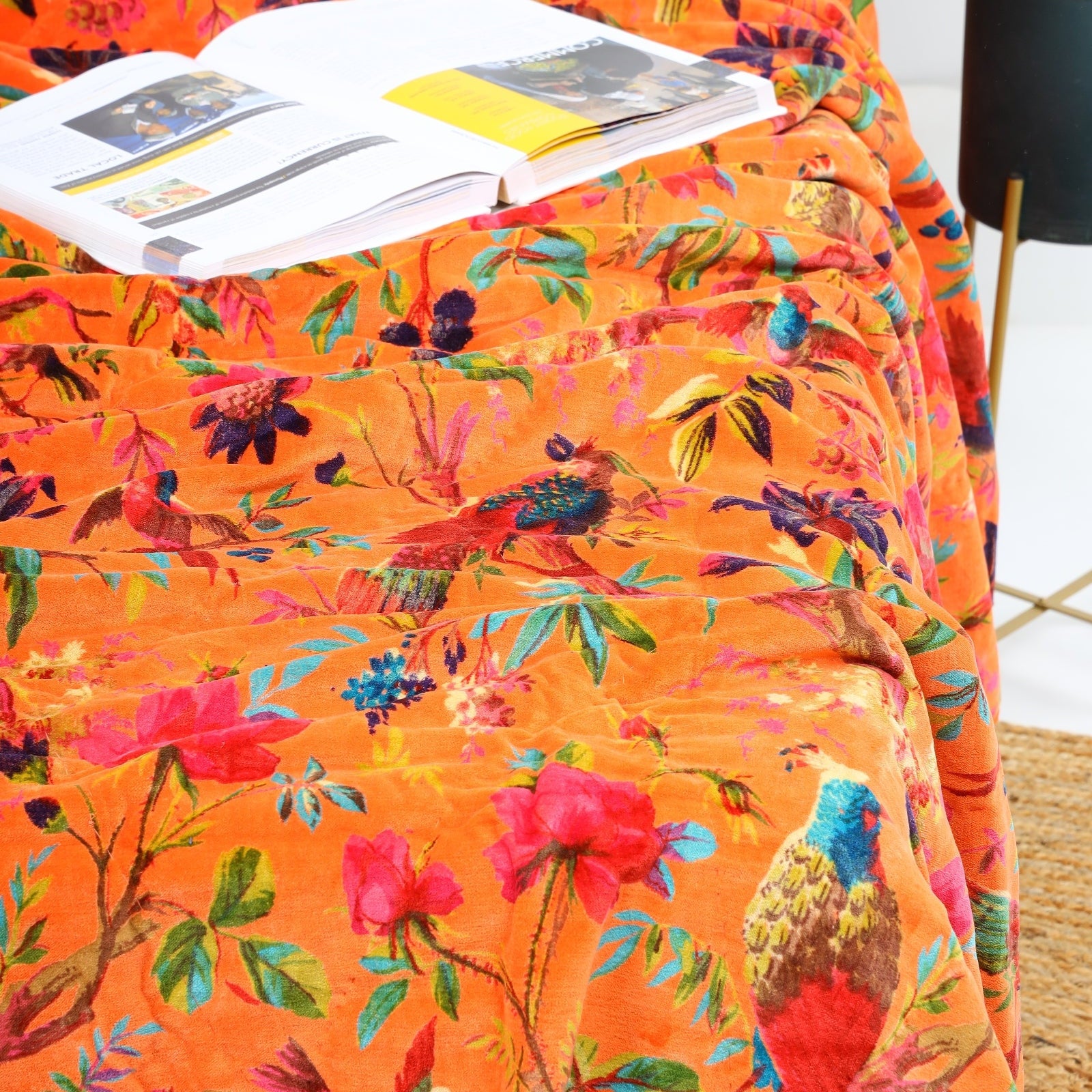 Velvet Floral Kantha Quilt - Bird Paradise Orange