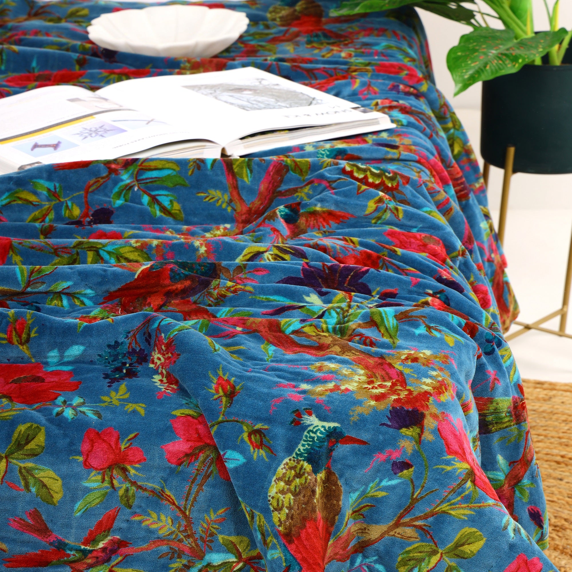 Velvet Floral Kantha Quilt - Bird Paradise Blue