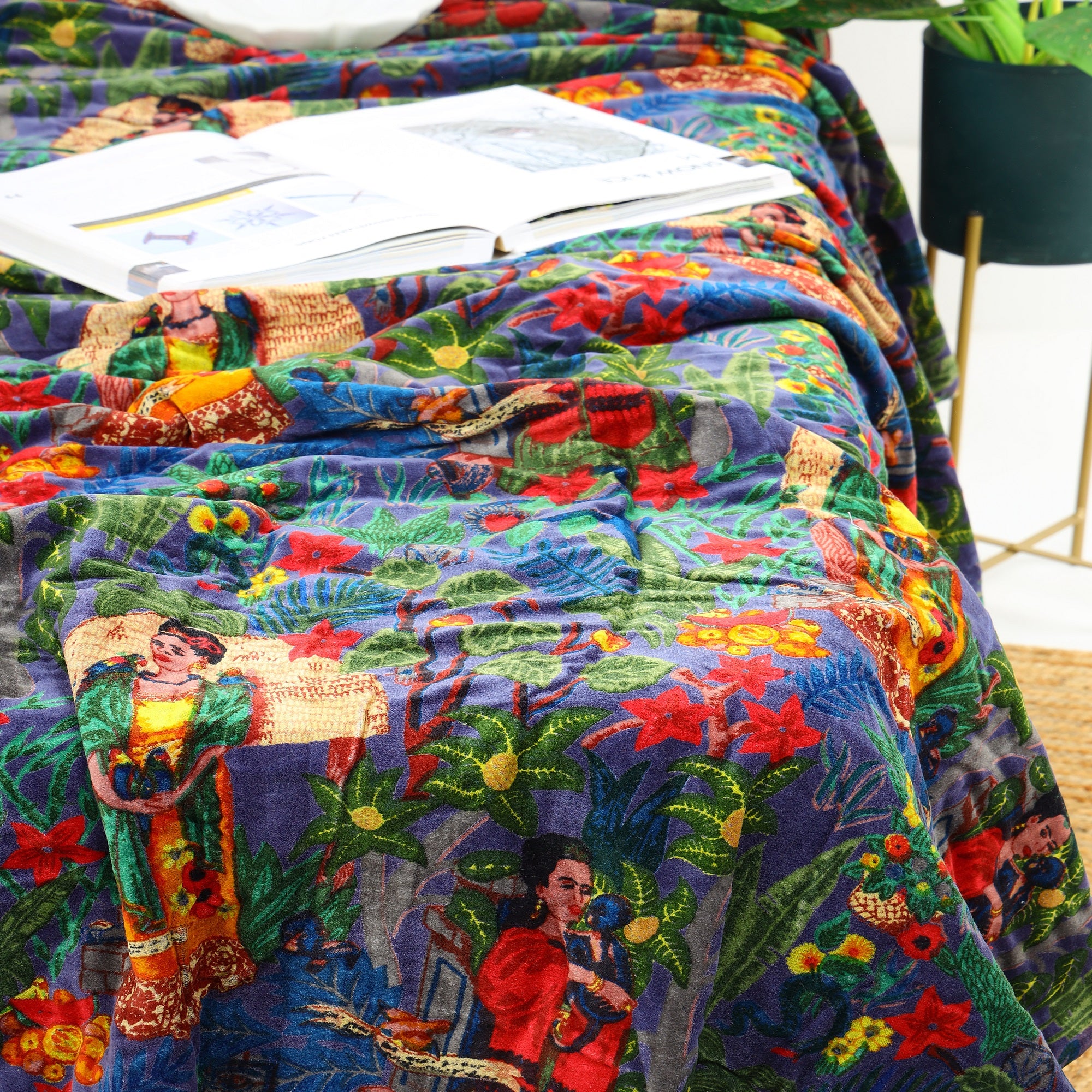 Velvet Floral Kantha Quilt - Frida Dark Azure