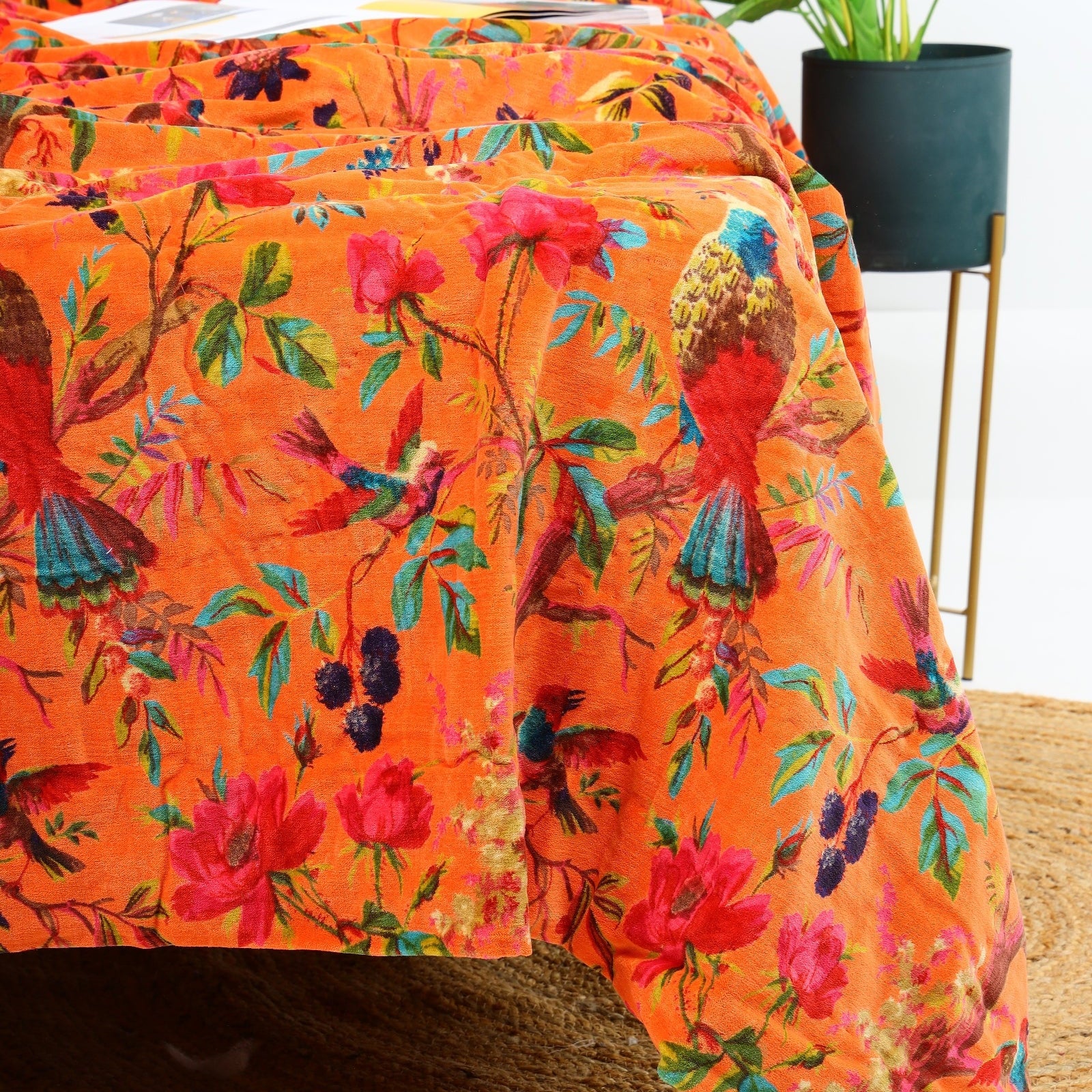 Velvet Floral Kantha Quilt - Bird Paradise Orange