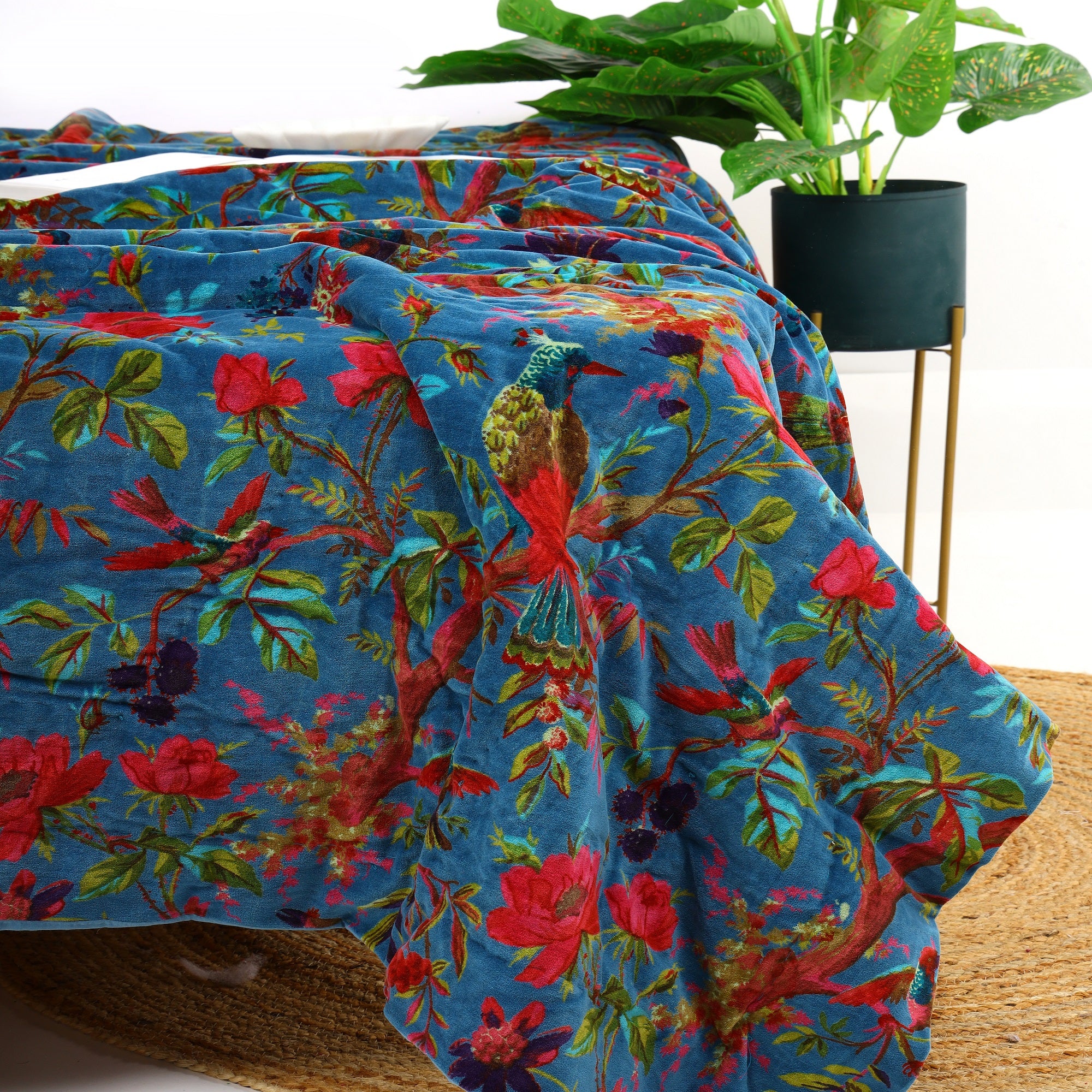 Velvet Floral Kantha Quilt - Bird Paradise Blue