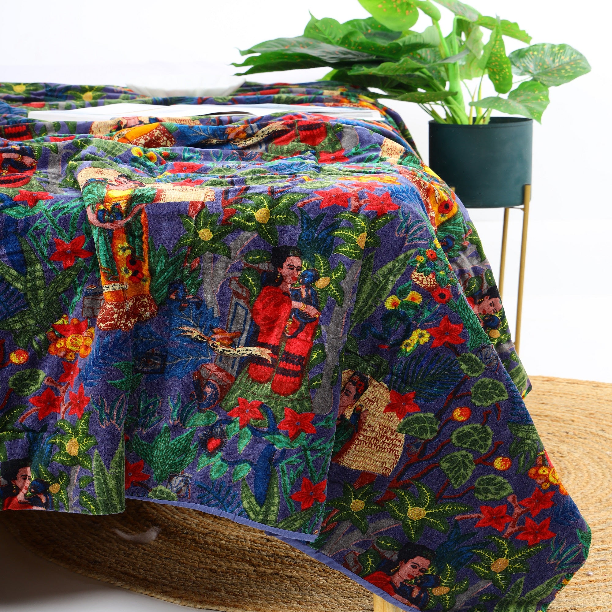 Velvet Floral Kantha Quilt - Frida Dark Azure