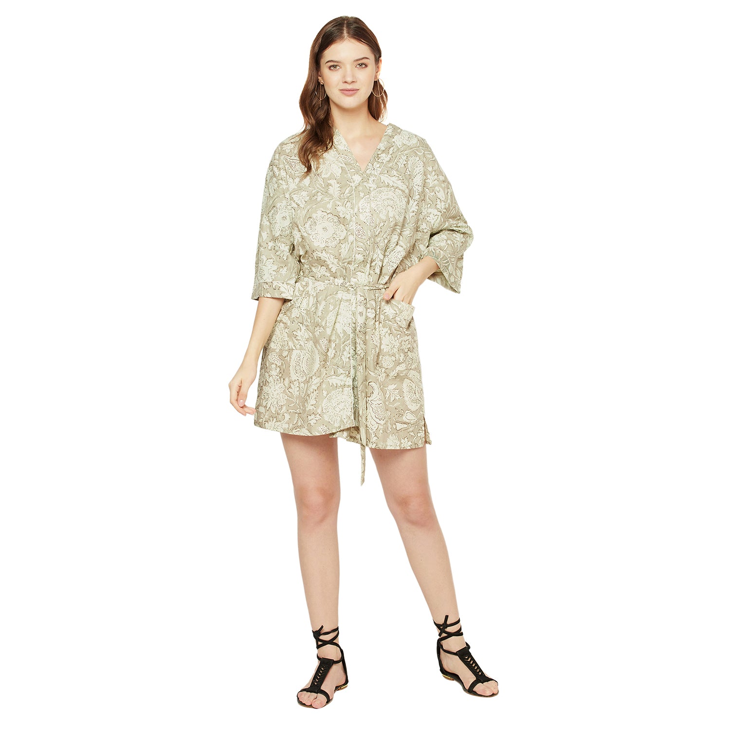 'Enchanting Fern Hues' 100% Cotton Kimono Robe