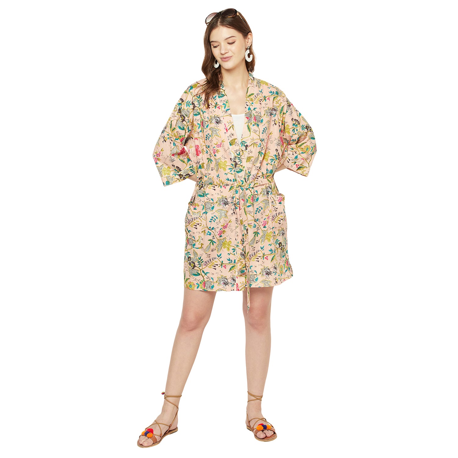 "Frida's Haven" - Cotton Kimono Bathrobe, Boho Beachwear