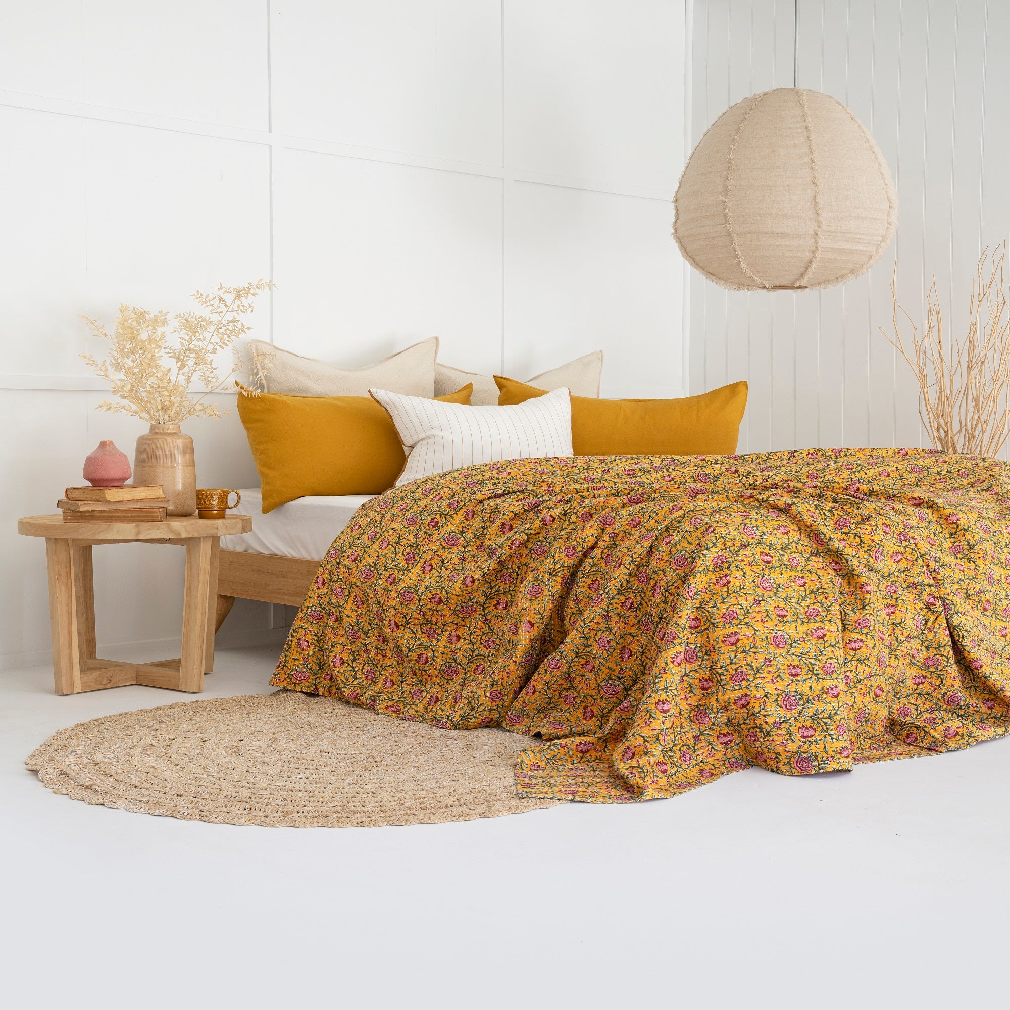 Linen Connections Indian Kantha Quilt - Honey Yellow