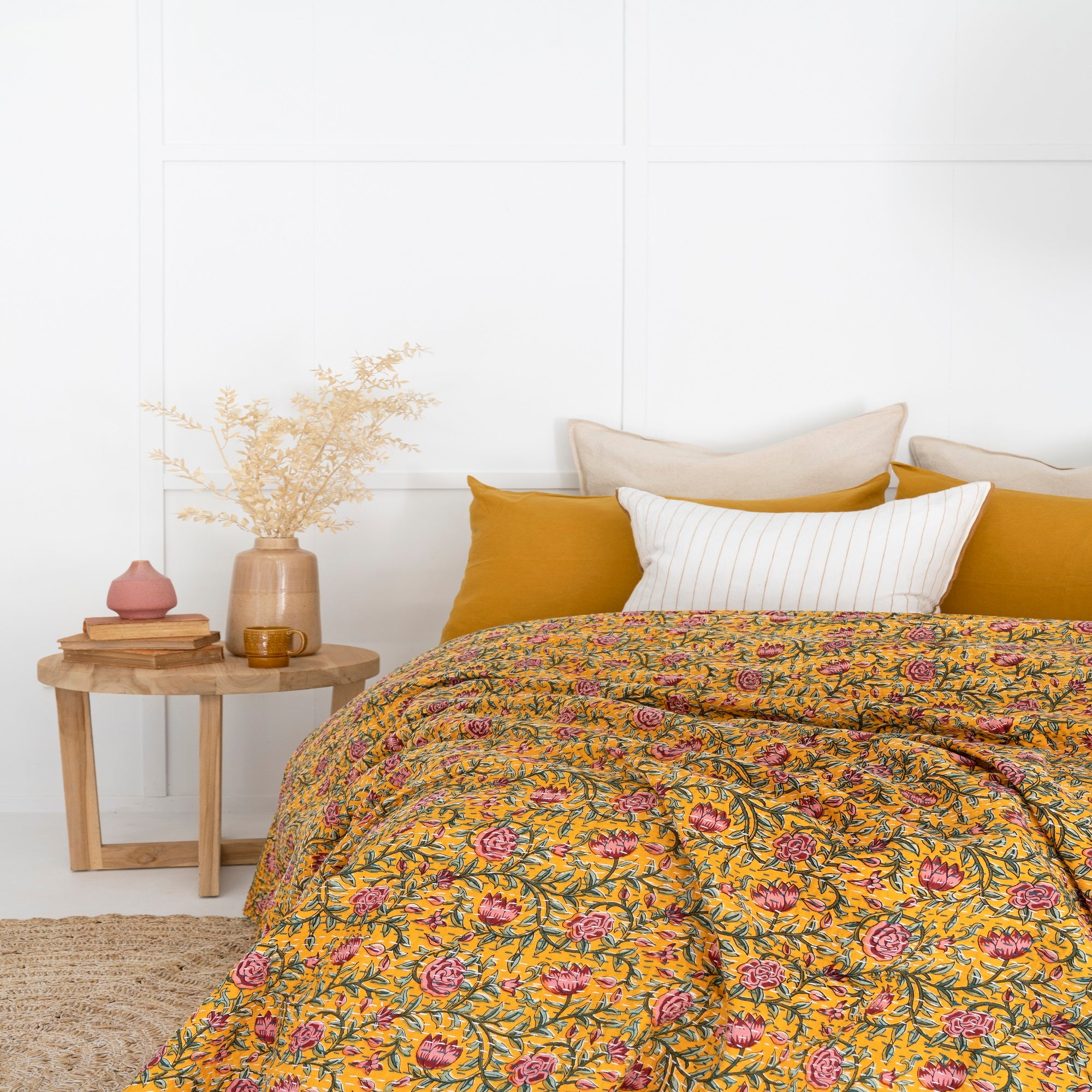 Linen Connections Indian Kantha Quilt - Honey Yellow