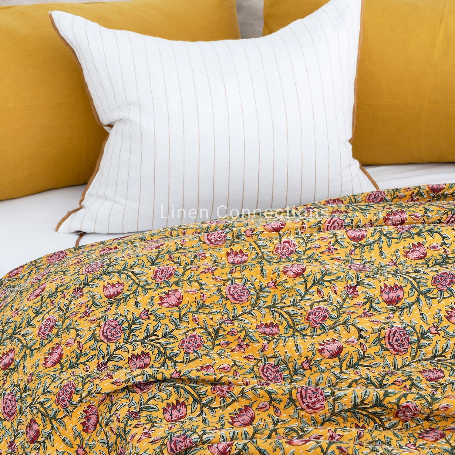 Linen Connections Indian Kantha Quilt - Yellow Twist