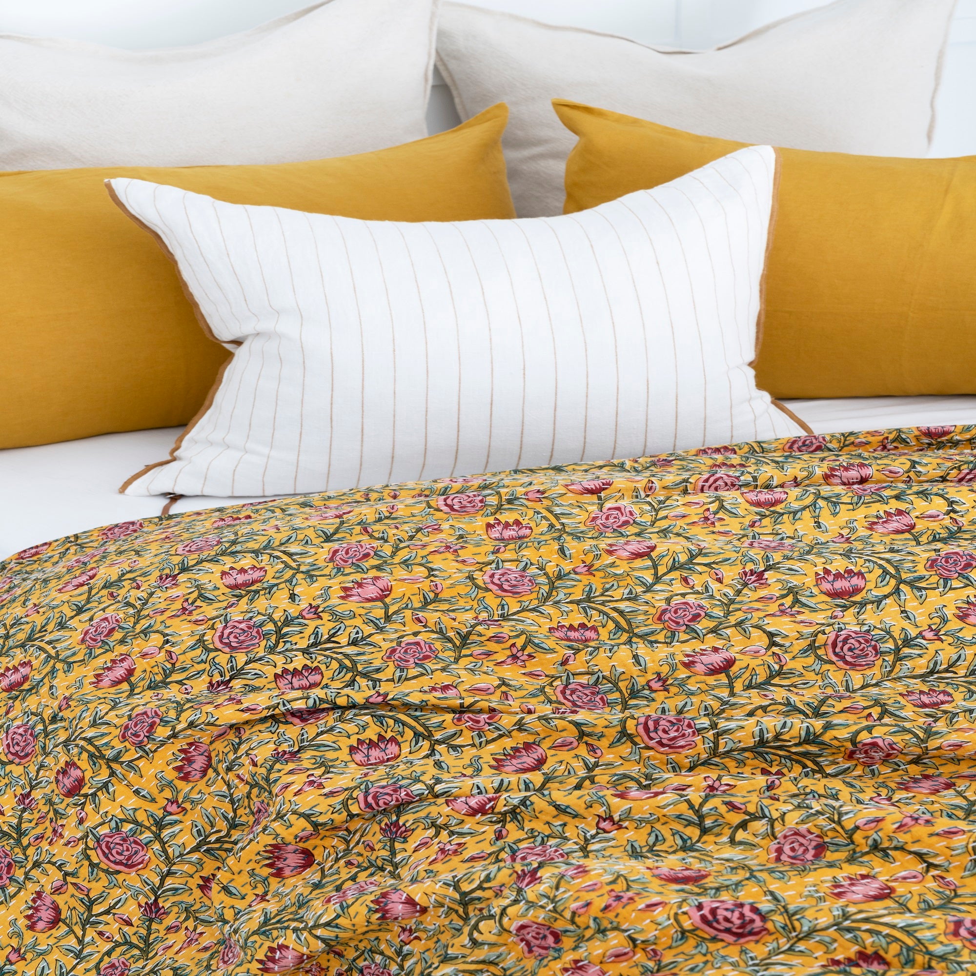 Linen Connections Indian Kantha Quilt - Honey Yellow