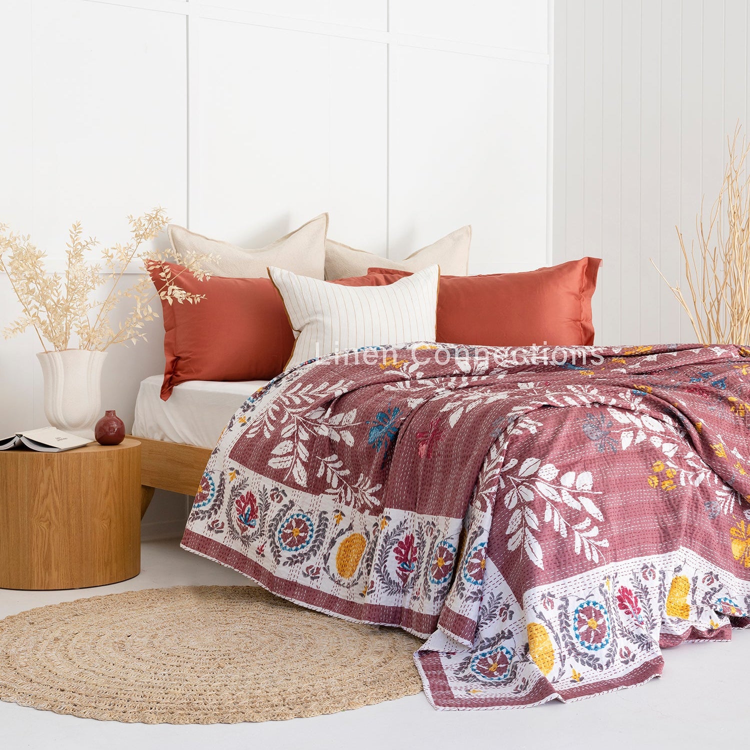 Linen Connections Indian Kantha Quilt - Red Bath