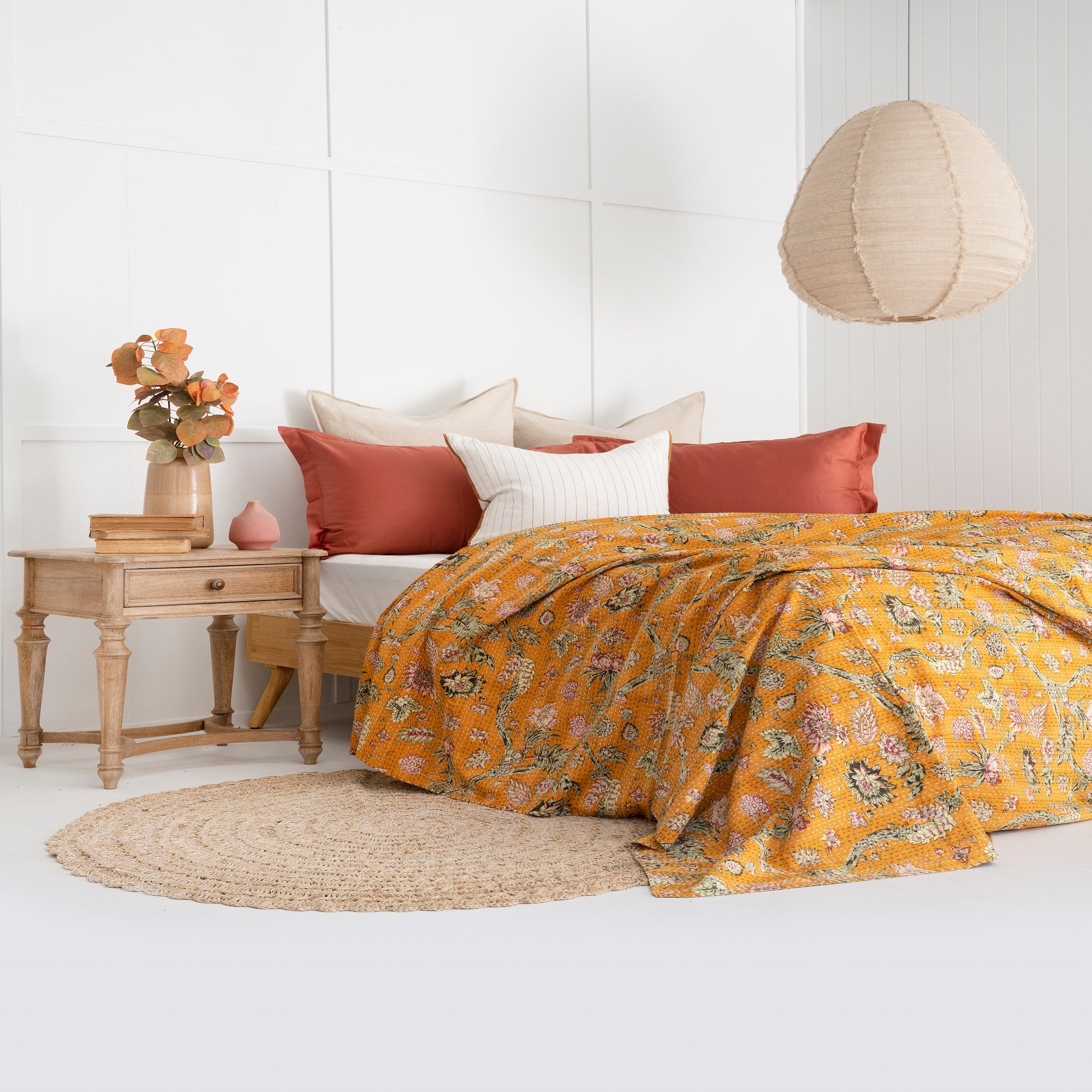 Linen Connections Indian Kantha Quilt - Yellow Daisy