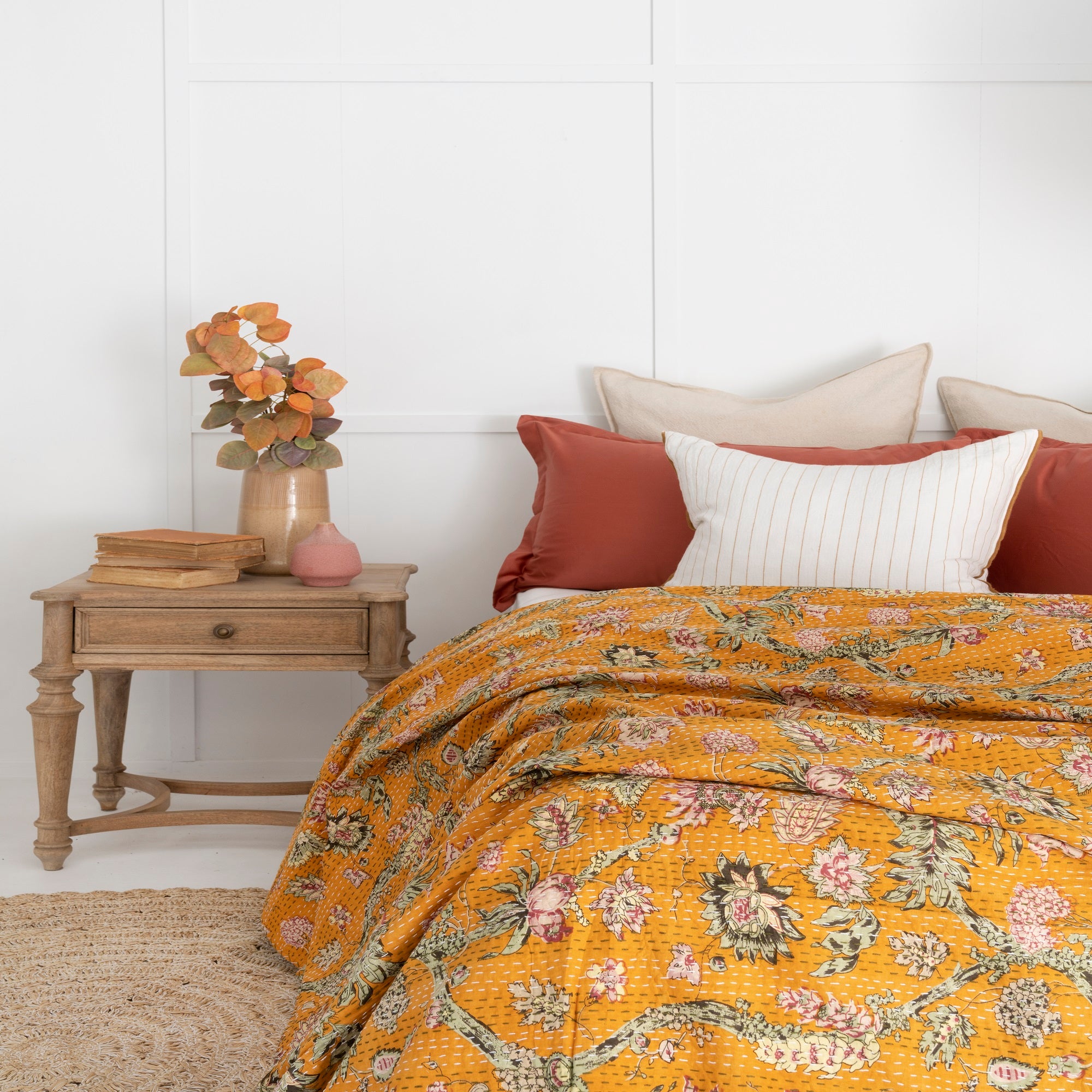 Linen Connections Indian Kantha Quilt - Yellow Daisy