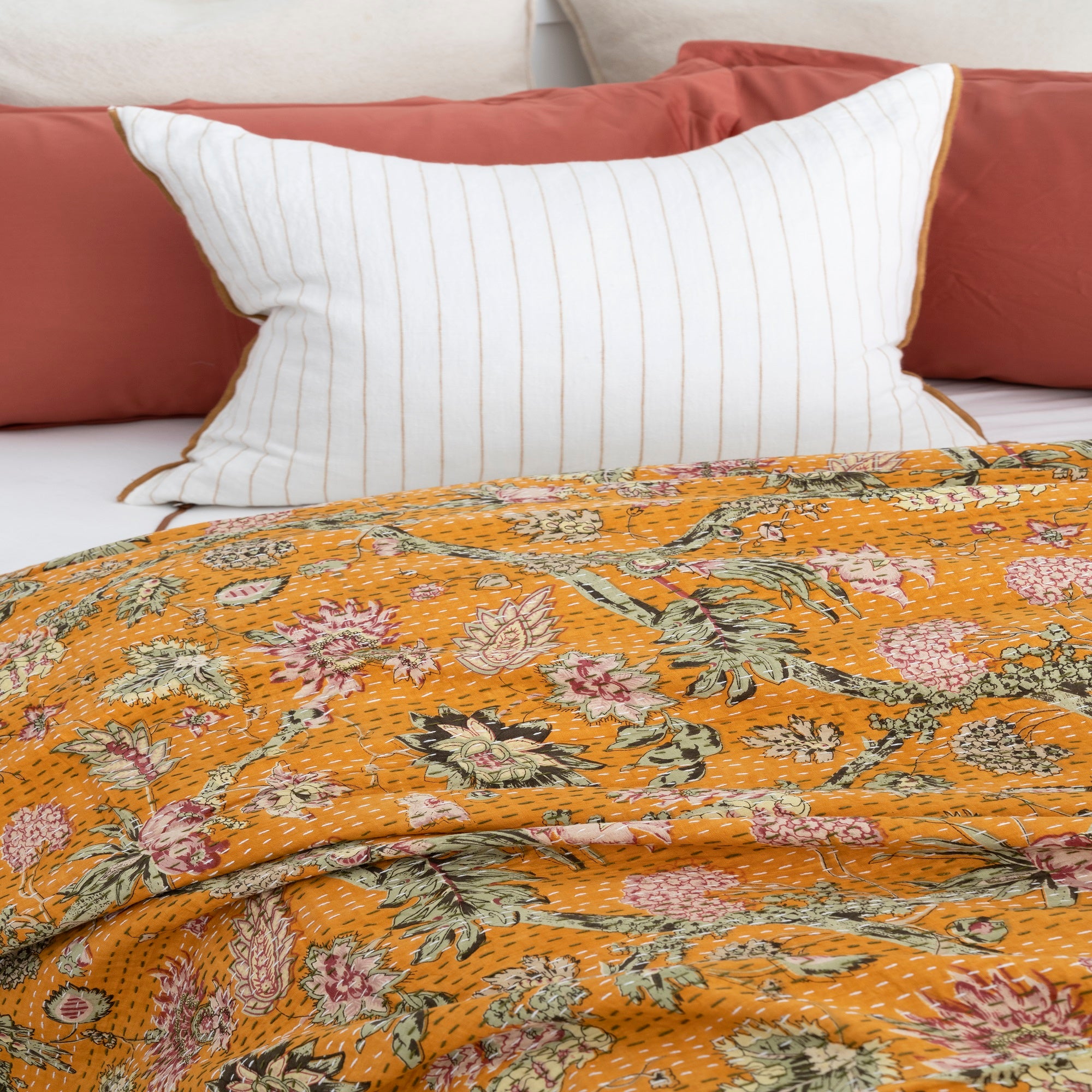 Linen Connections Indian Kantha Quilt - Yellow Daisy