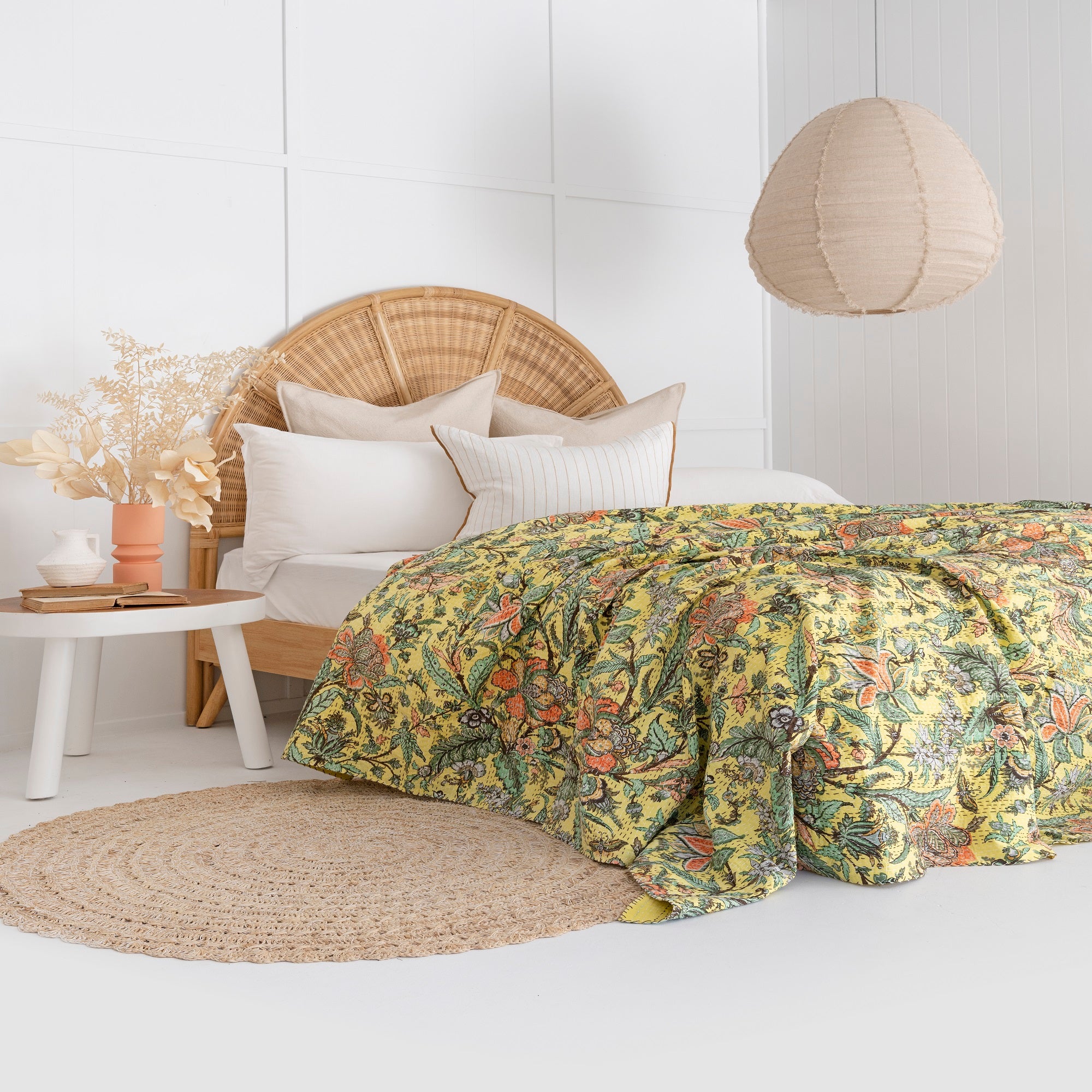 Linen Connections Indian Kantha Quilt - Yellow Bloom