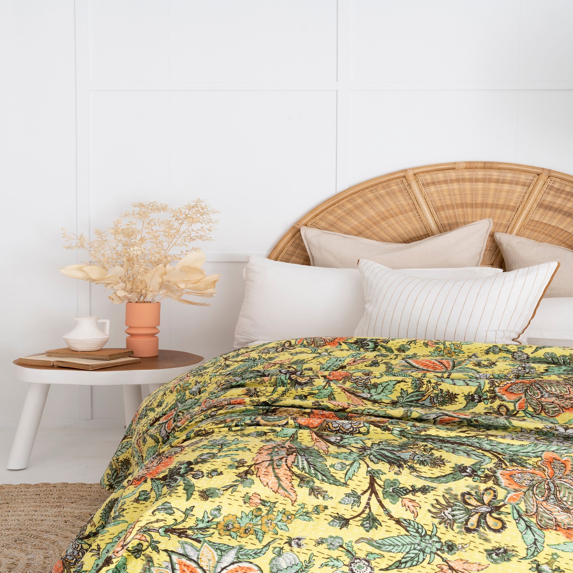 Linen Connections Indian Kantha Quilt - Yellow Bloom