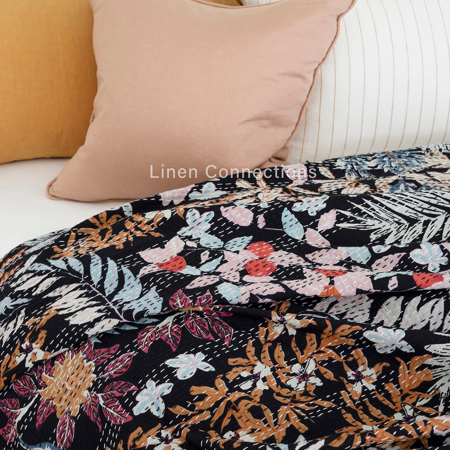 Linen Connections Indian Kantha Quilt - Black pastures