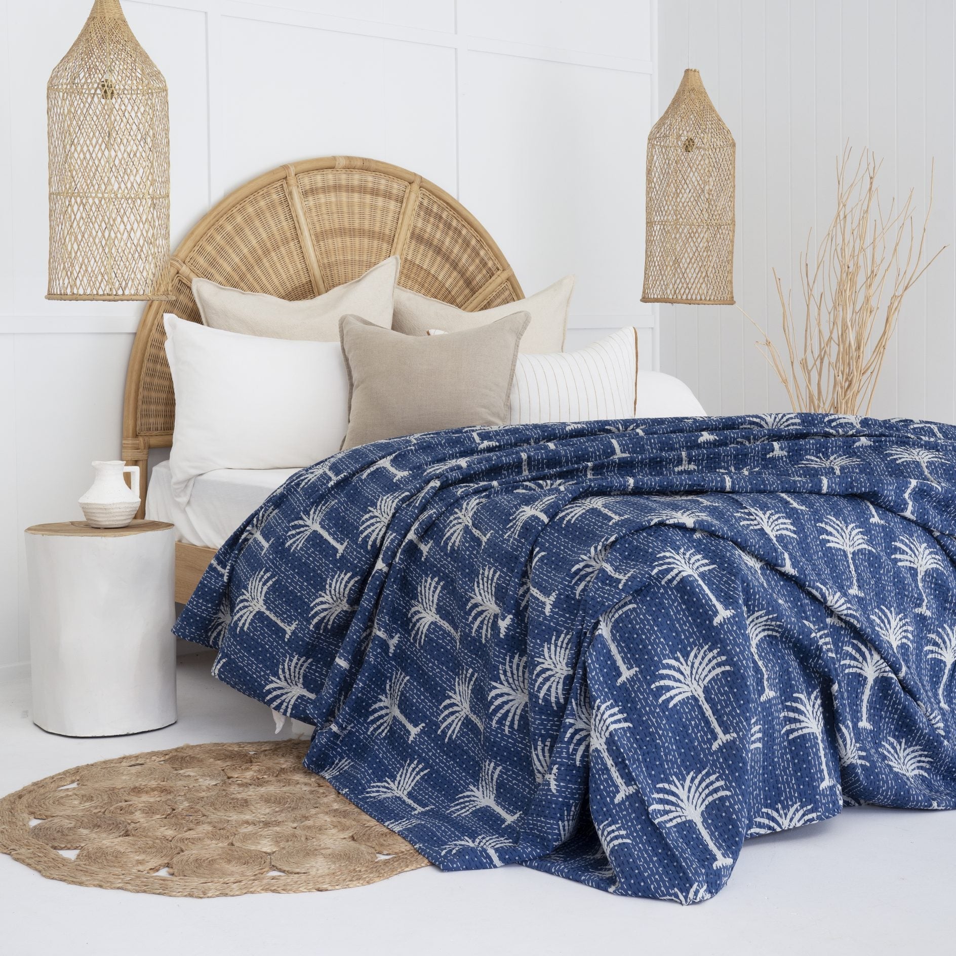 Linen Connections Indian Kantha Quilt - Palm Tree Indigo